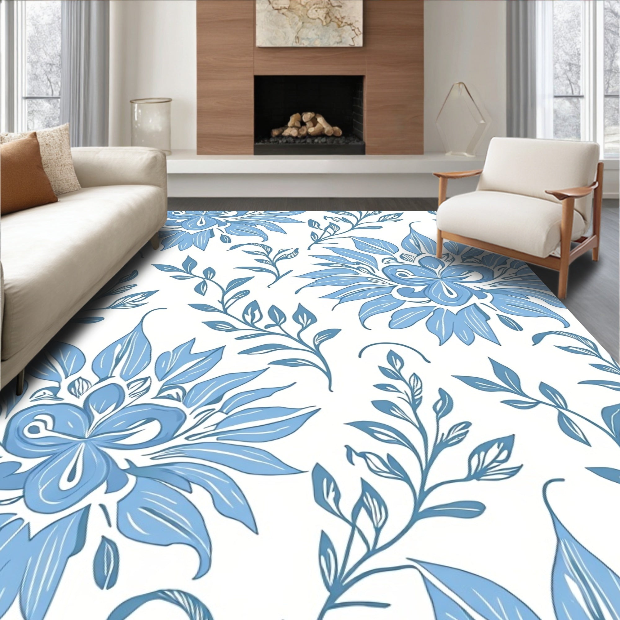 Blue Floral Leaf Pattern Rug