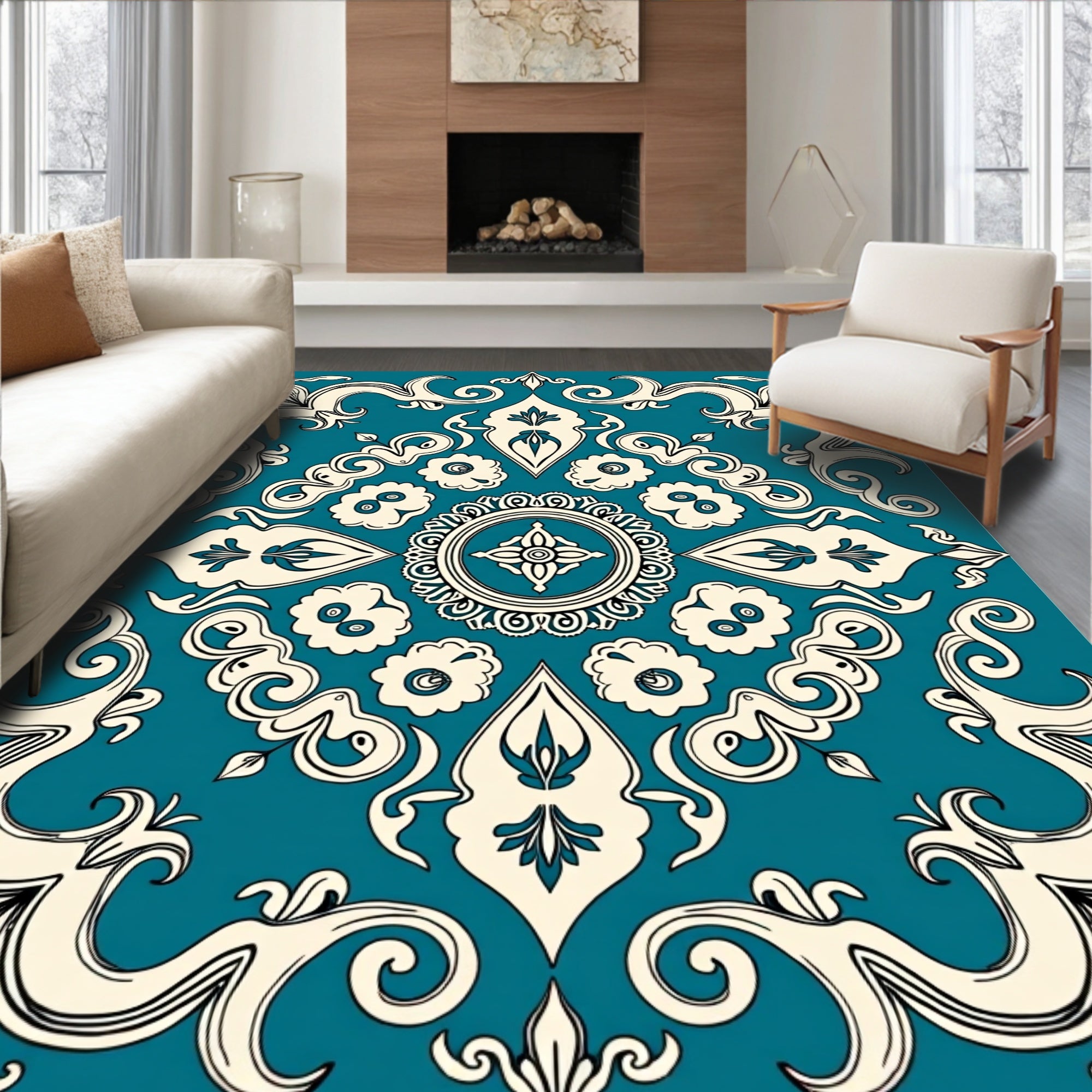 Ornate Teal Cream Scrollwork Pattern Rug