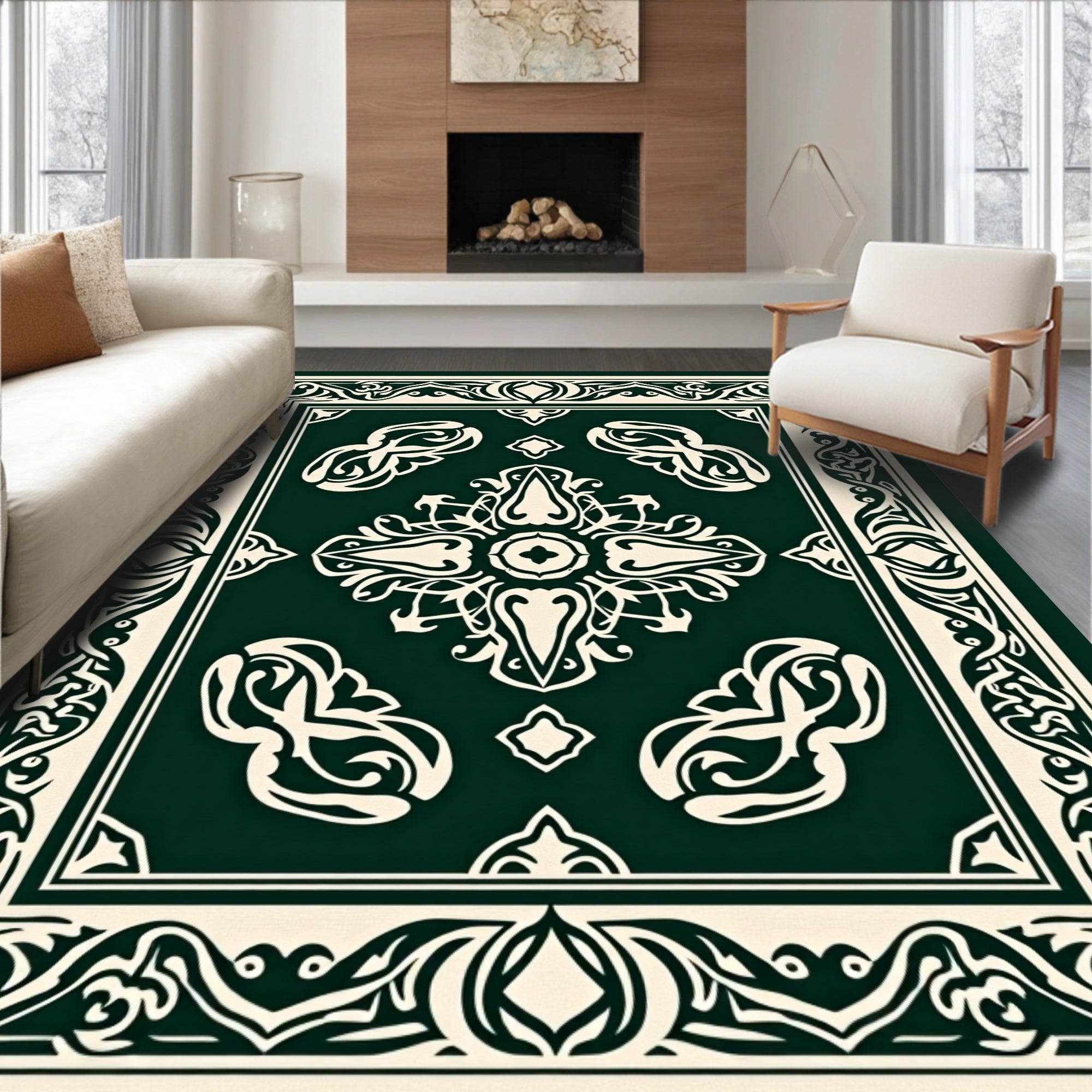 Ornate Floral Border Centerpiece Design Rug