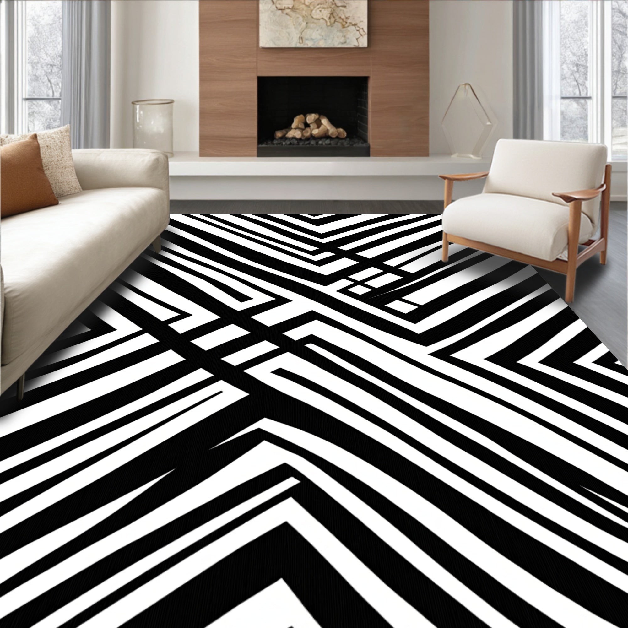 Sharp Angled Black White Geometric Pattern Rug