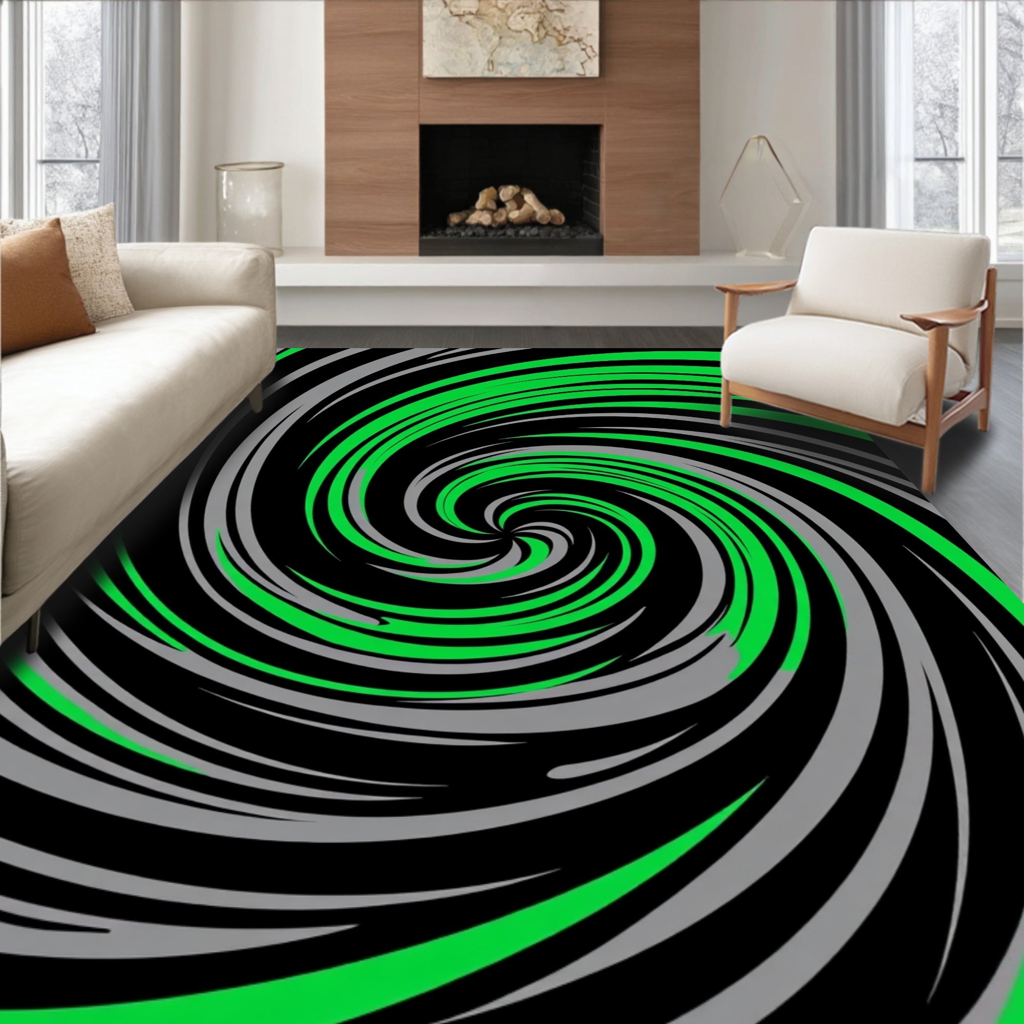 Green Gray Swirl Abstract Design Rug