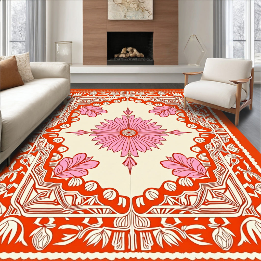 Pink Floral Square Ornamental Rug