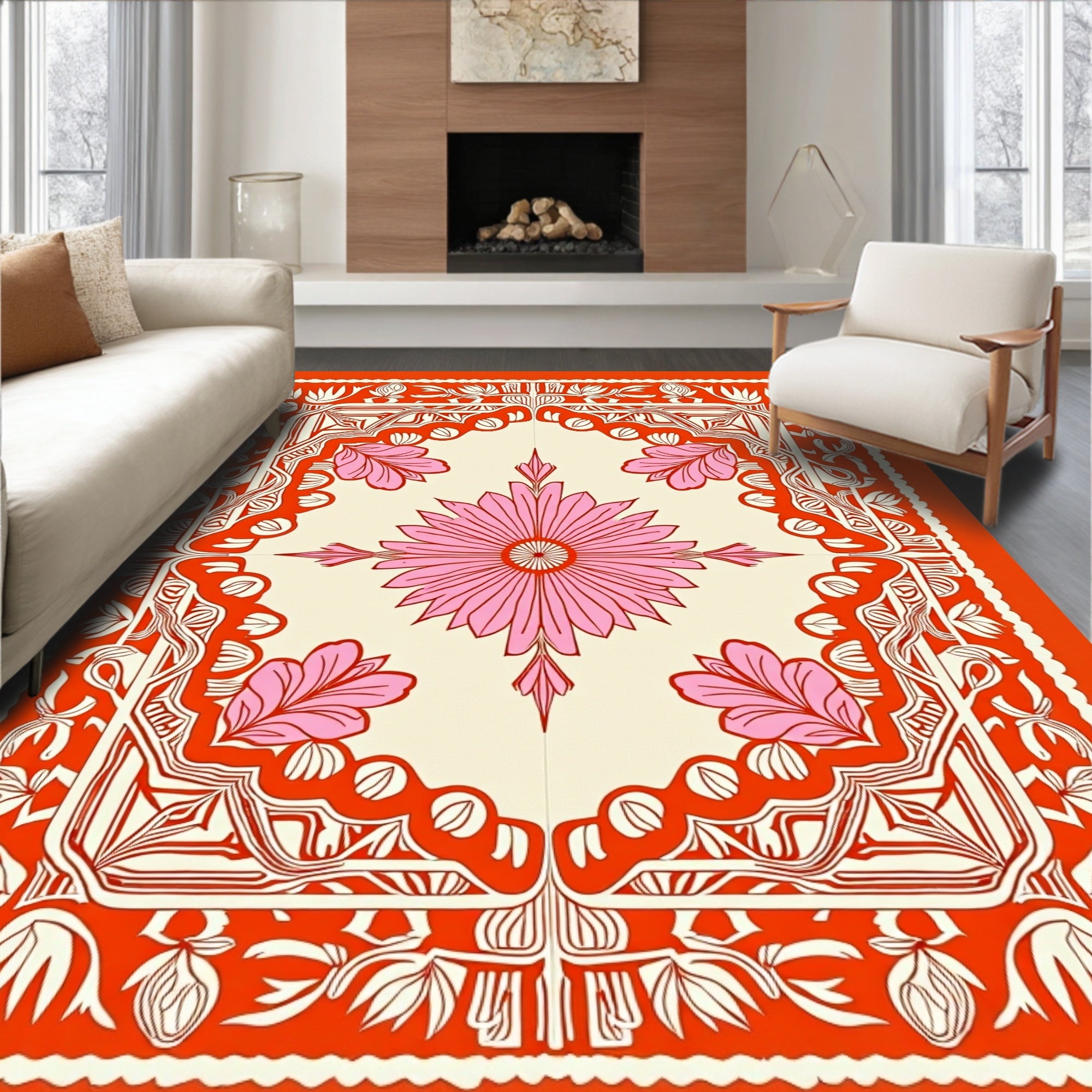 Pink Floral Square Ornamental Rug