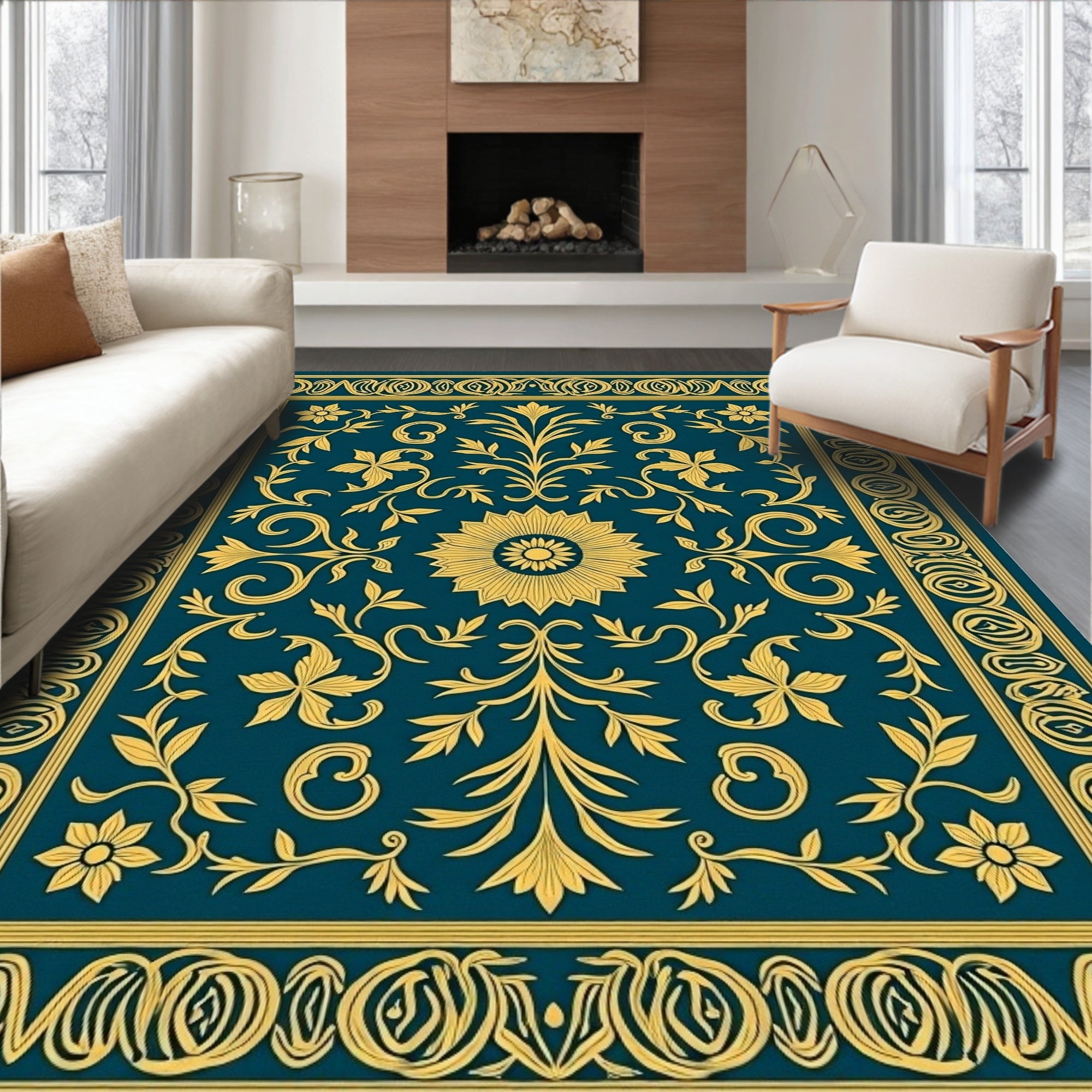 Grand Floral Scrollwork Teal Rug