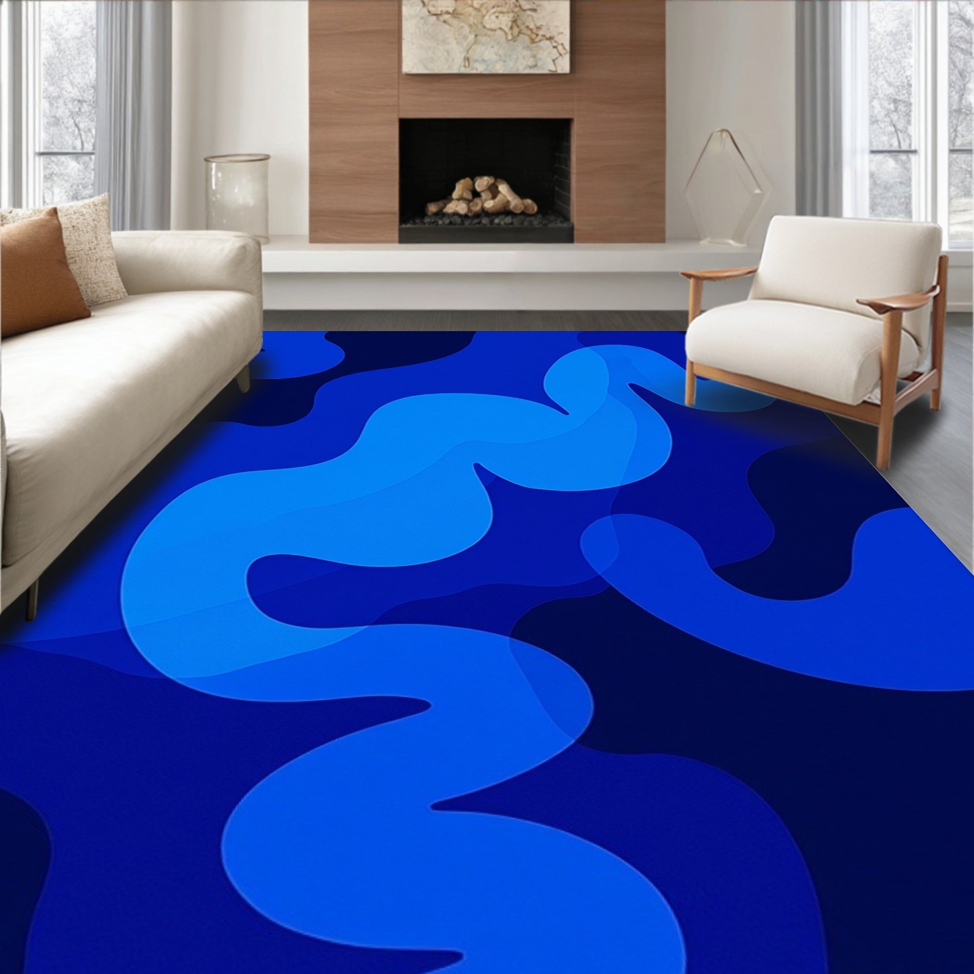 Abstract Blue Wave Swirl Design Rug