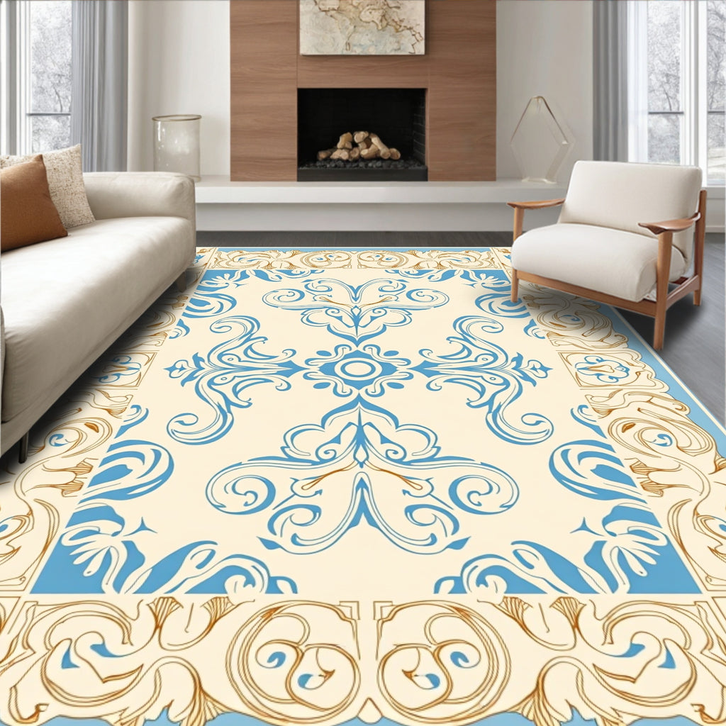 Cream Blue Golden Swirl Floral Pattern Rug