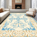Cream Blue Golden Swirl Floral Pattern Rug
