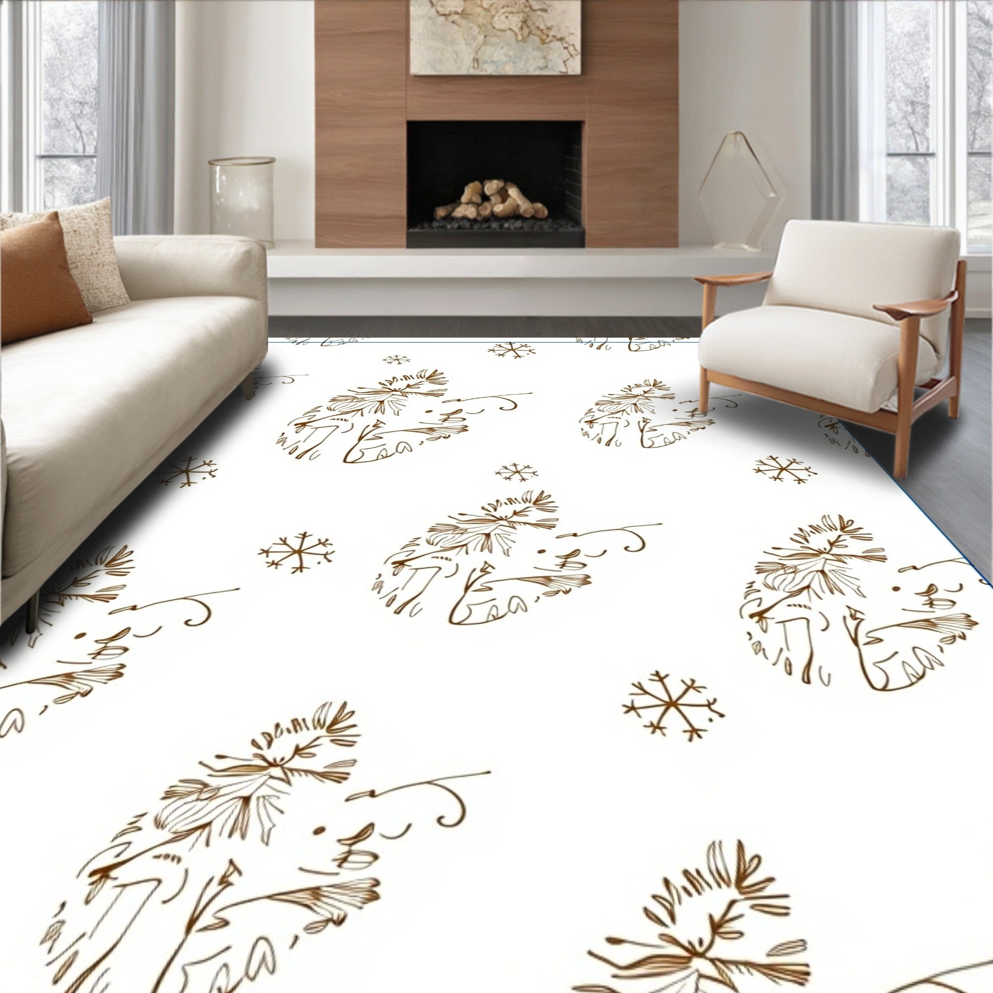 Brown Whimsical Winter Pine Snowflakes Rug