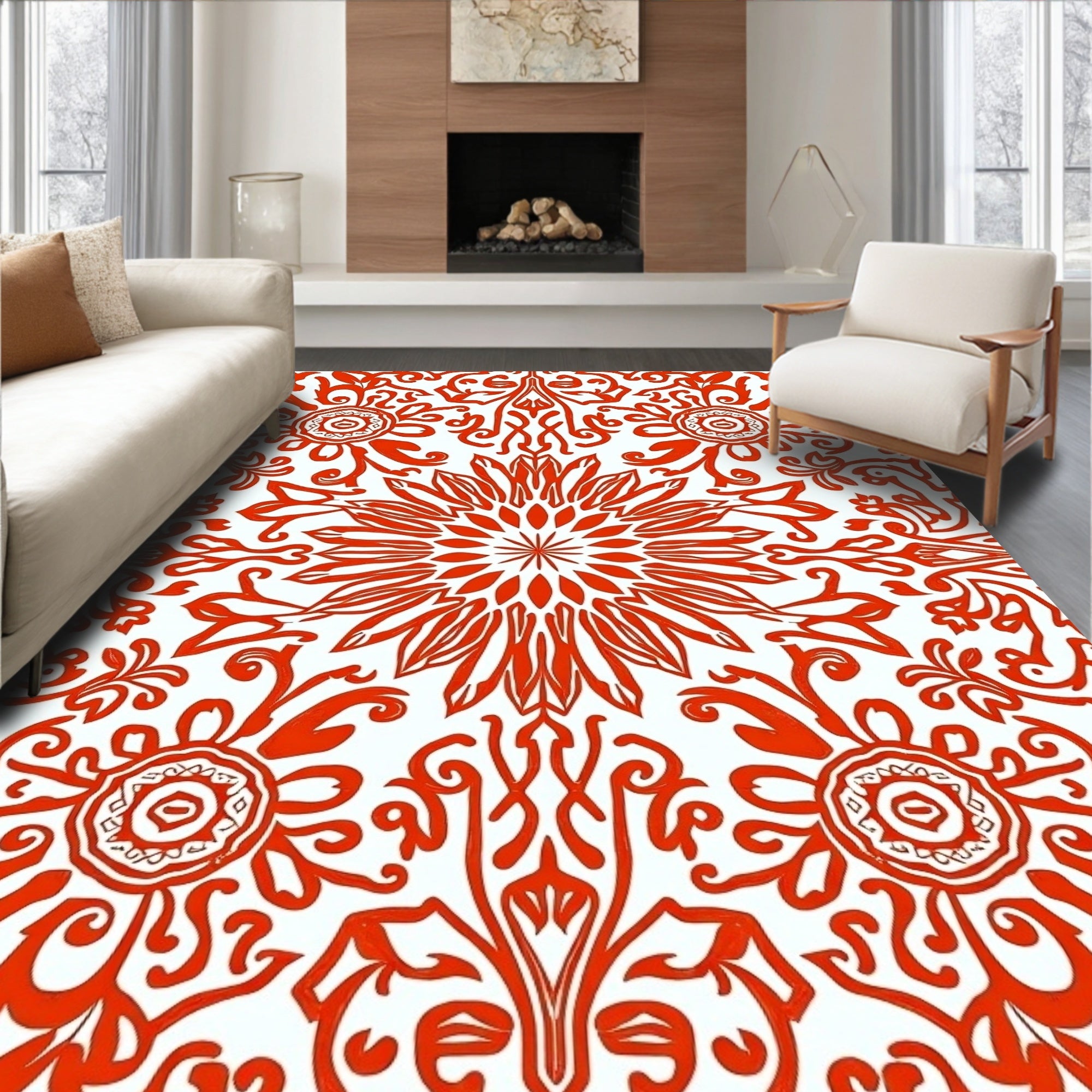 Intricate Red Floral Mandala Design Rug