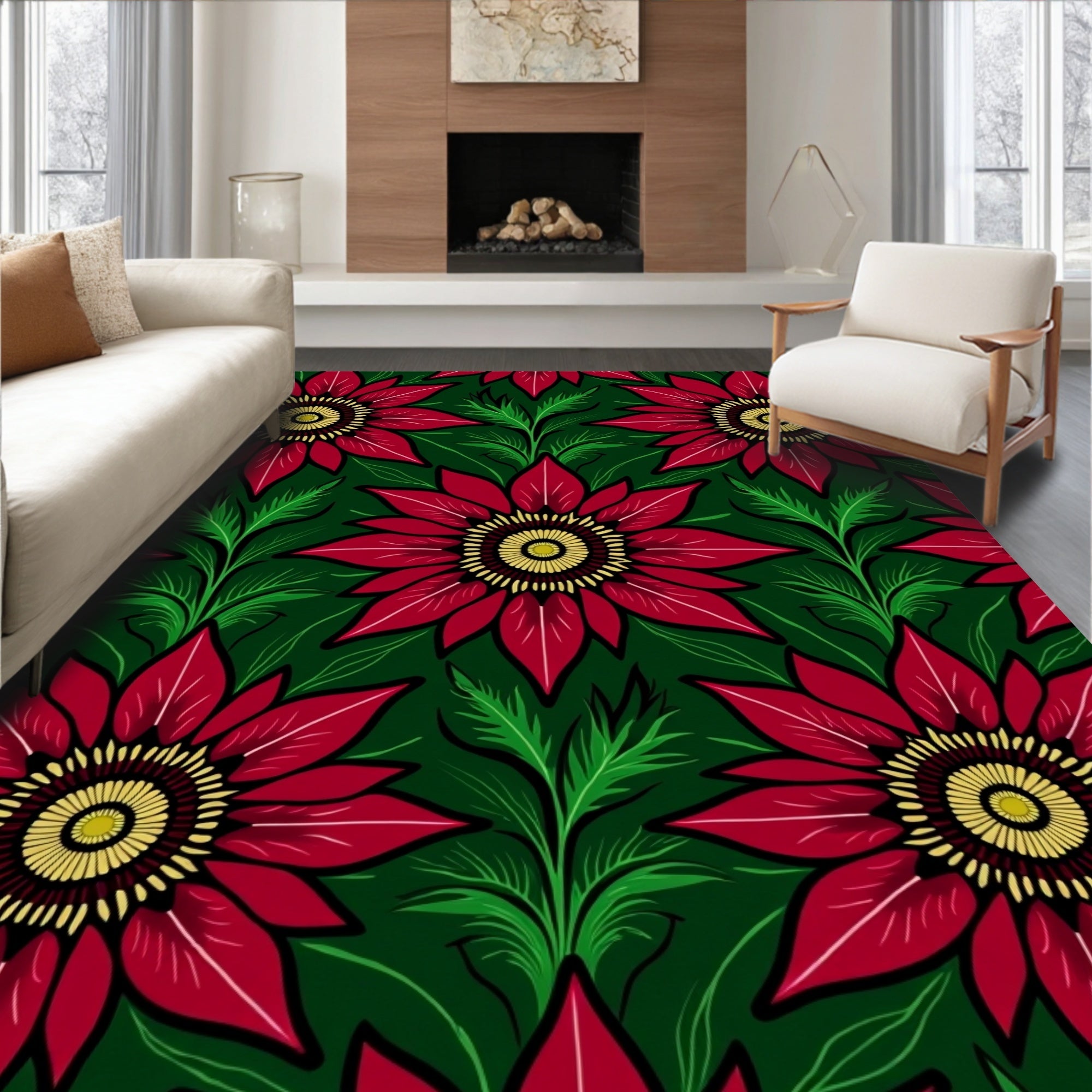 Crimson Floral Garden With Greenery Rug