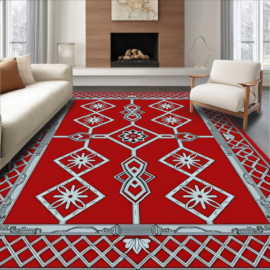 Geometric Red Silver Diamond Floral Rug