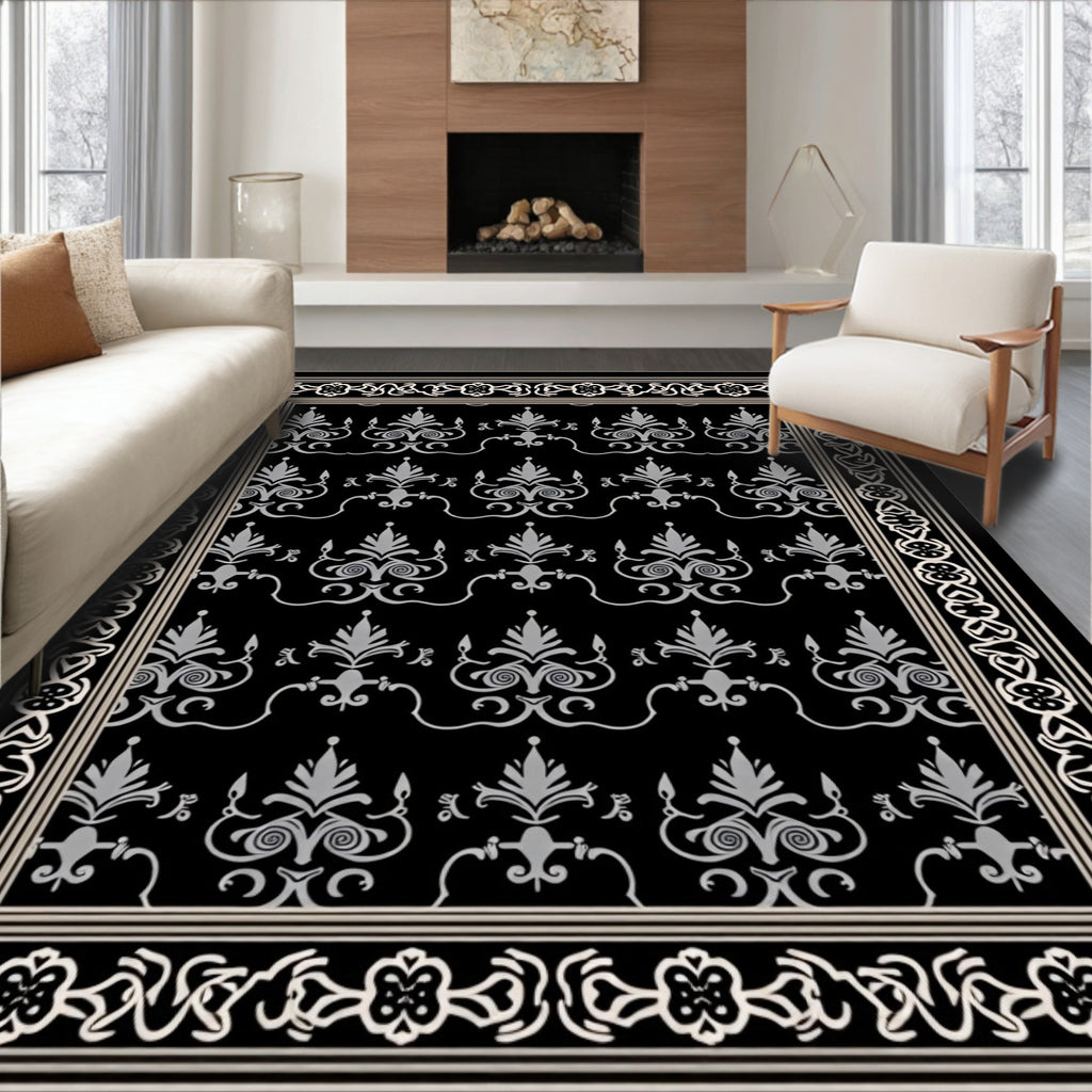 Ornate Silver Damask Pattern Design Rug