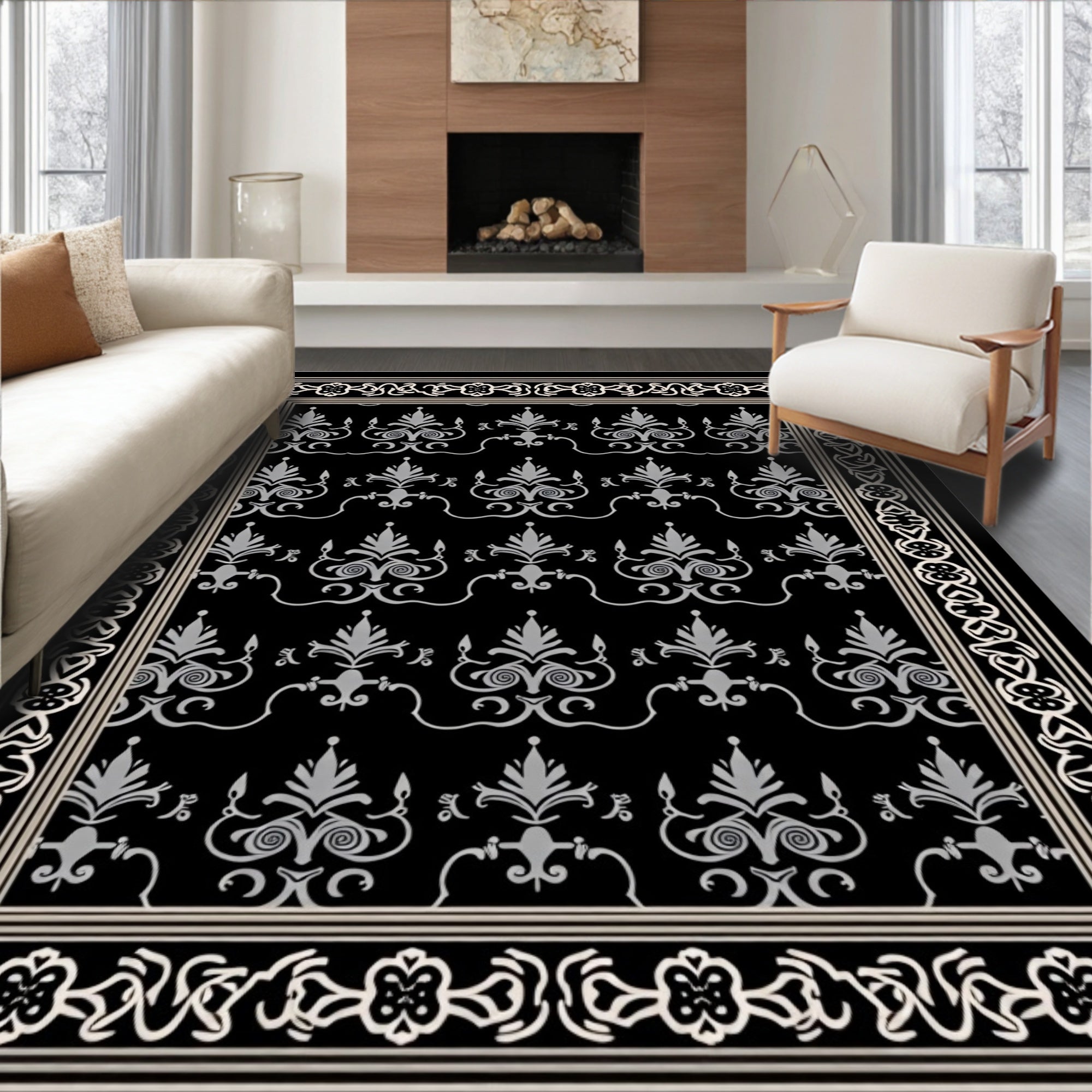 Ornate Silver Damask Pattern Design Rug