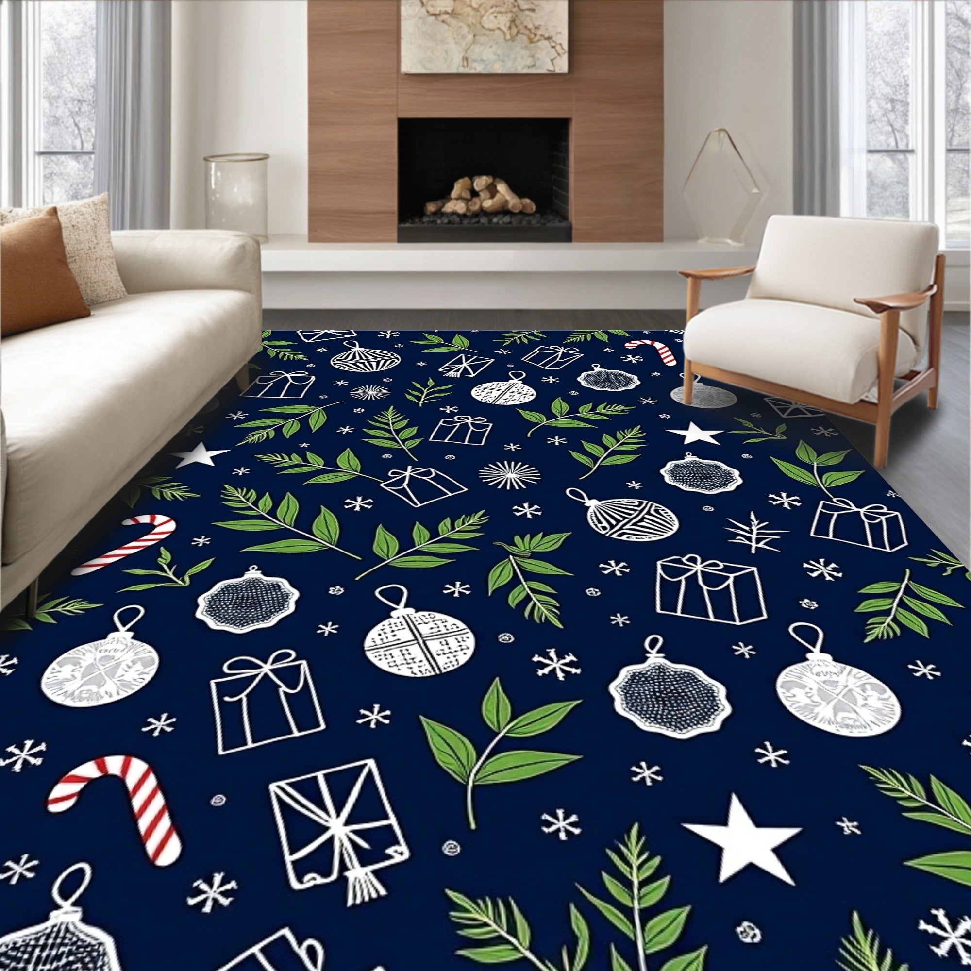 Christmas Baubles Greenery Starry Gifts Rug