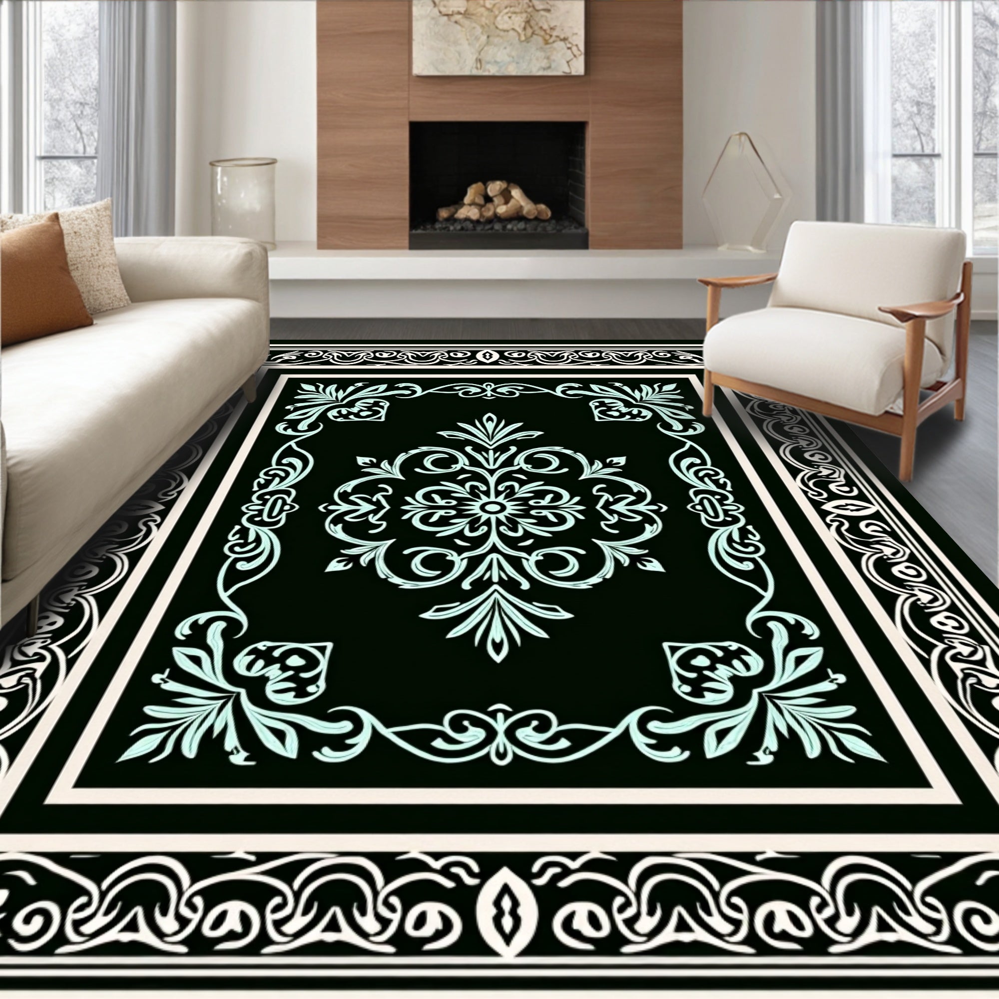 Classic Floral Border Intricate Design Rug