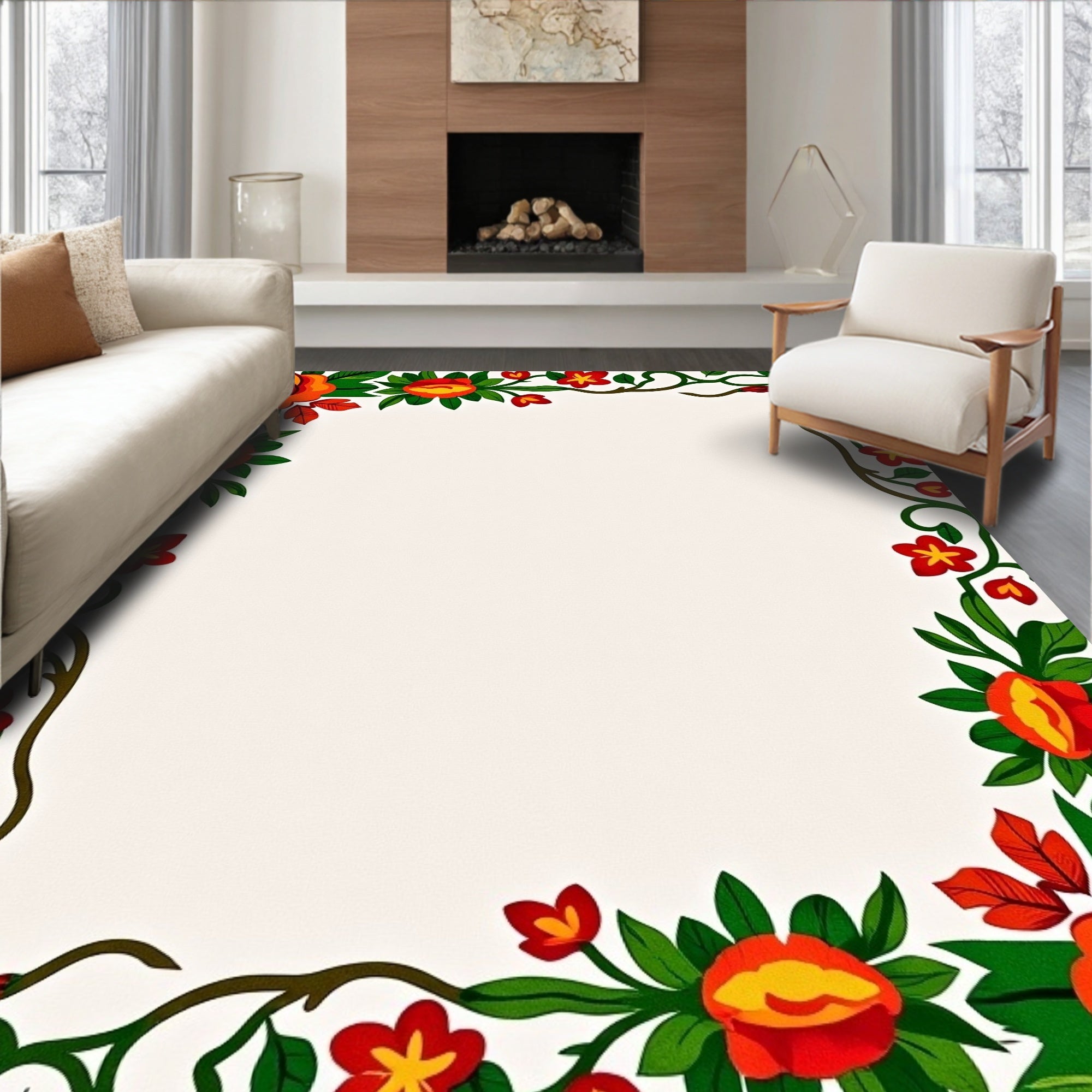 Vibrant Floral Vines Decorative Border Rug