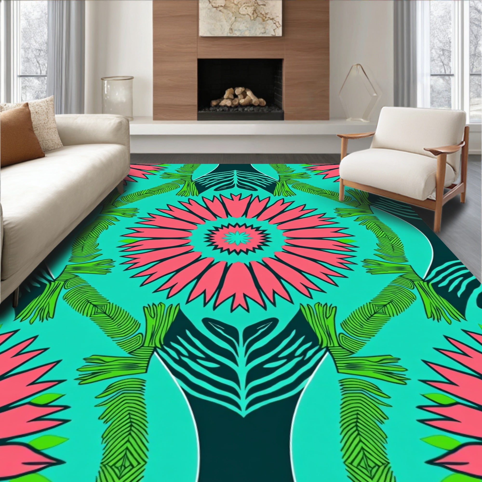 Vibrant Teal Floral Mandala Pattern Rug