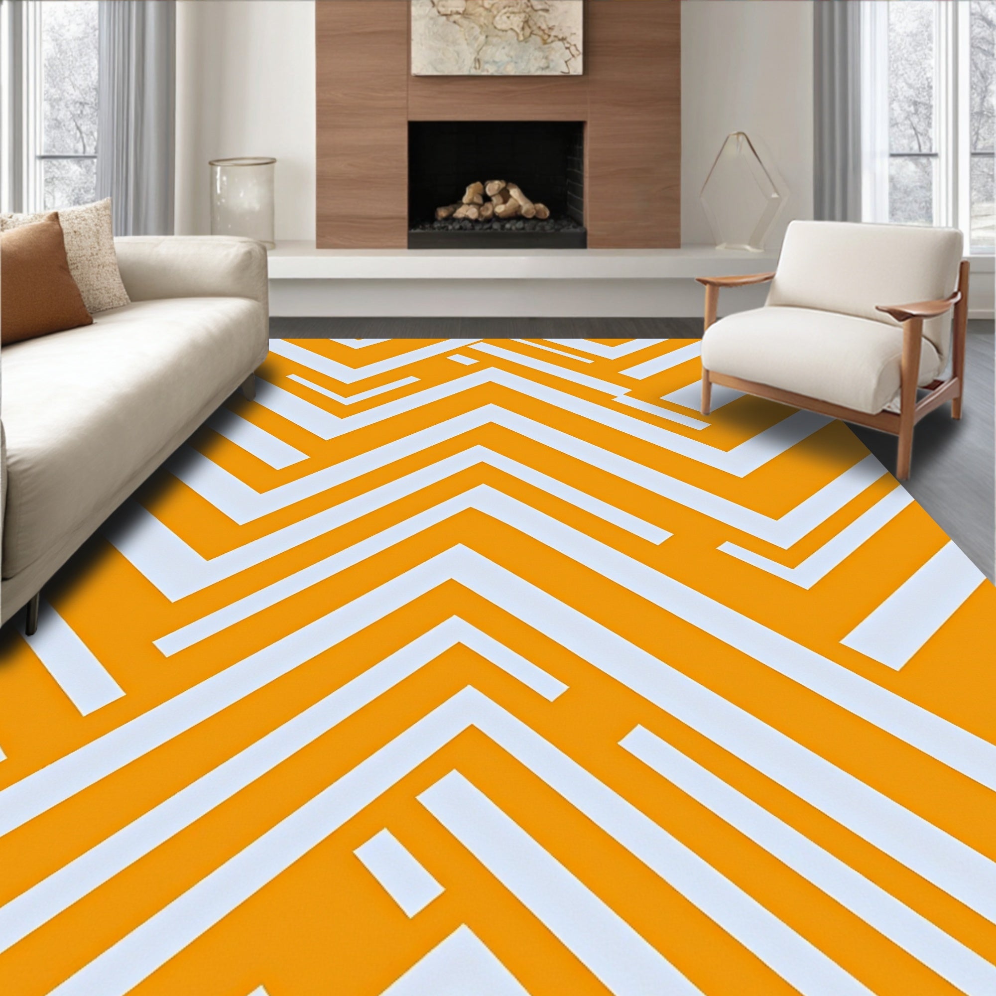 Modern Geometric Orange and White Zigzag Rug
