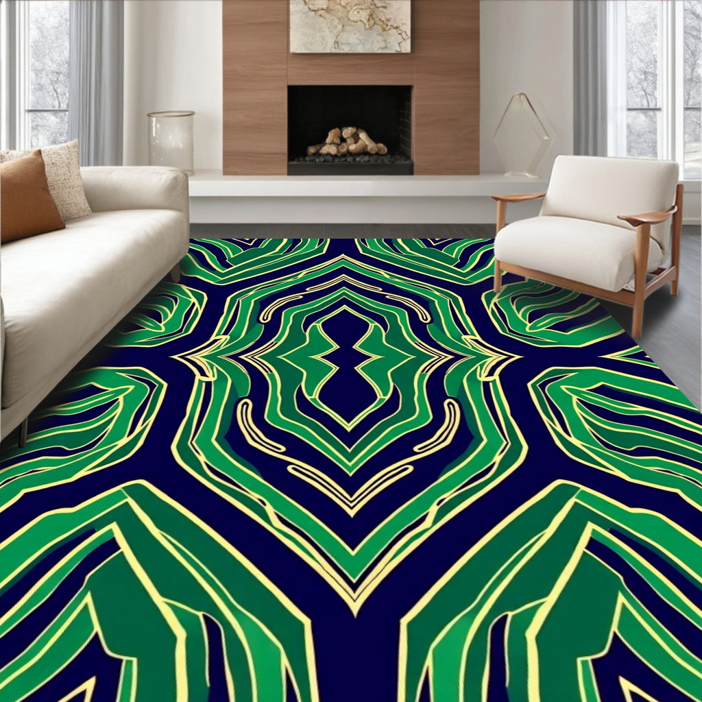 Symmetrical Green And Navy Abstract Design Rug
