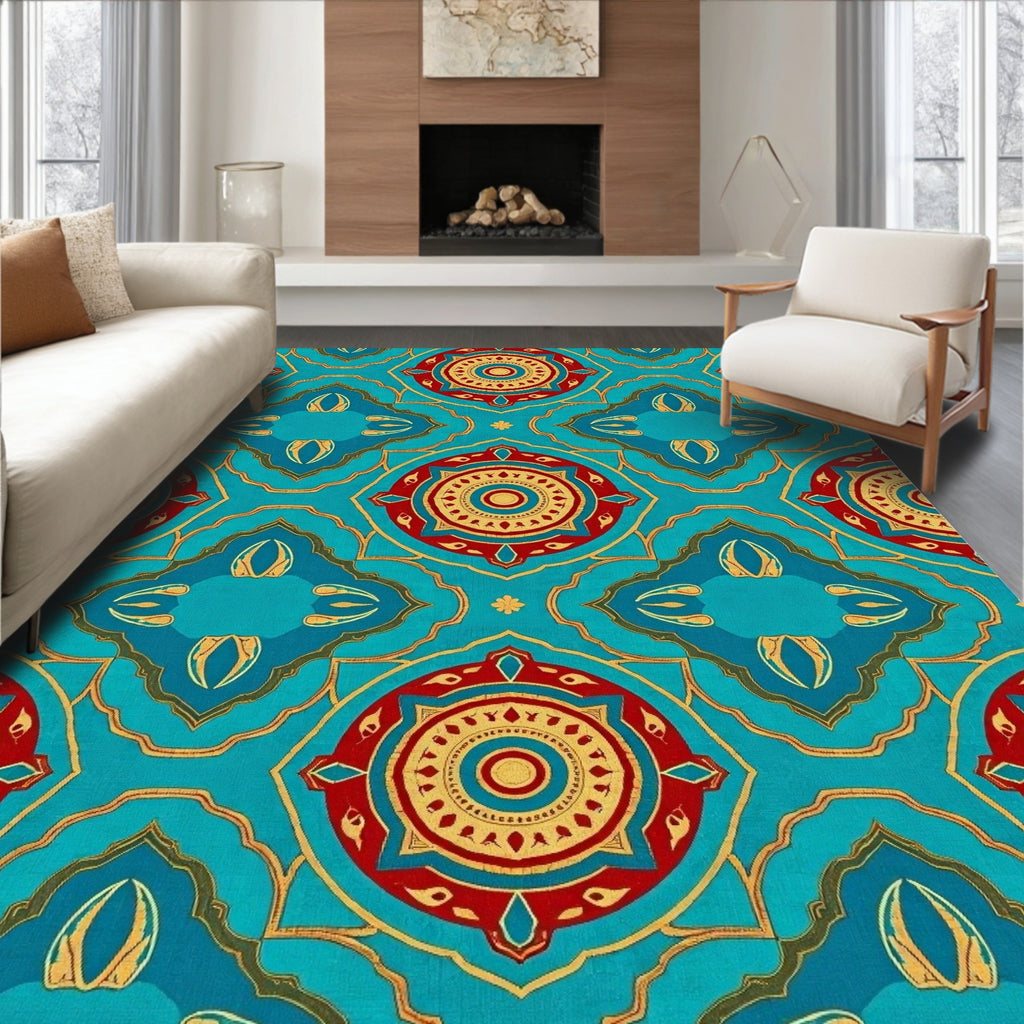 Vibrant Red Gold Mandala Pattern Rug