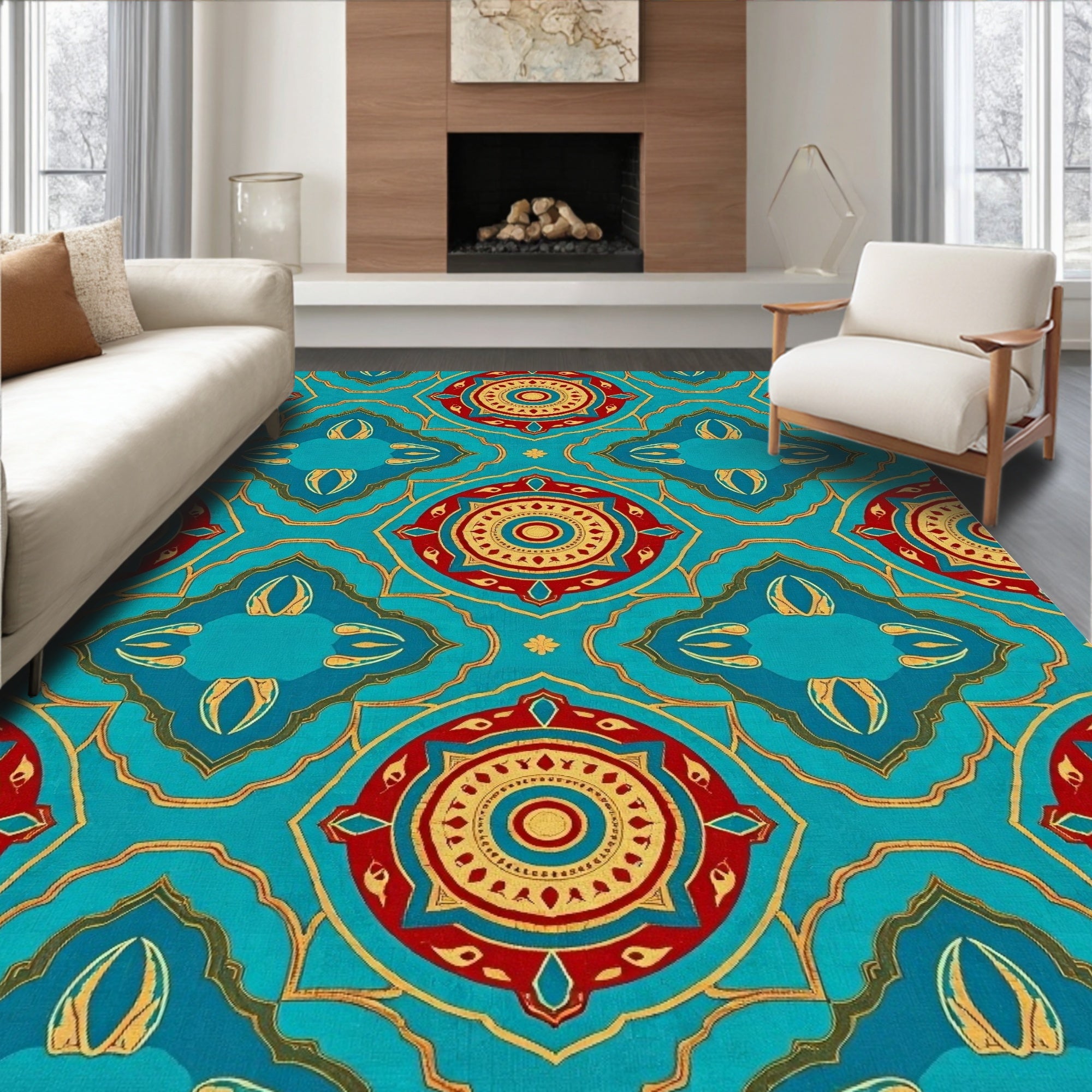 Vibrant Red Gold Mandala Pattern Rug