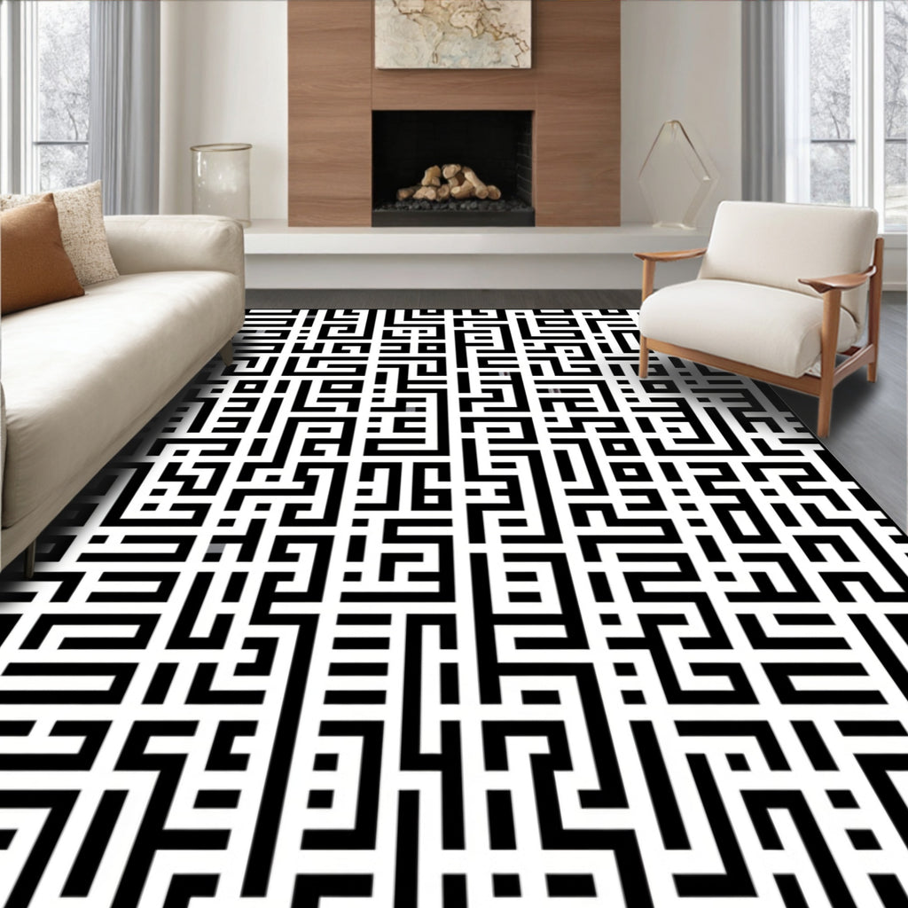 Black White Maze-Like Pattern Rug