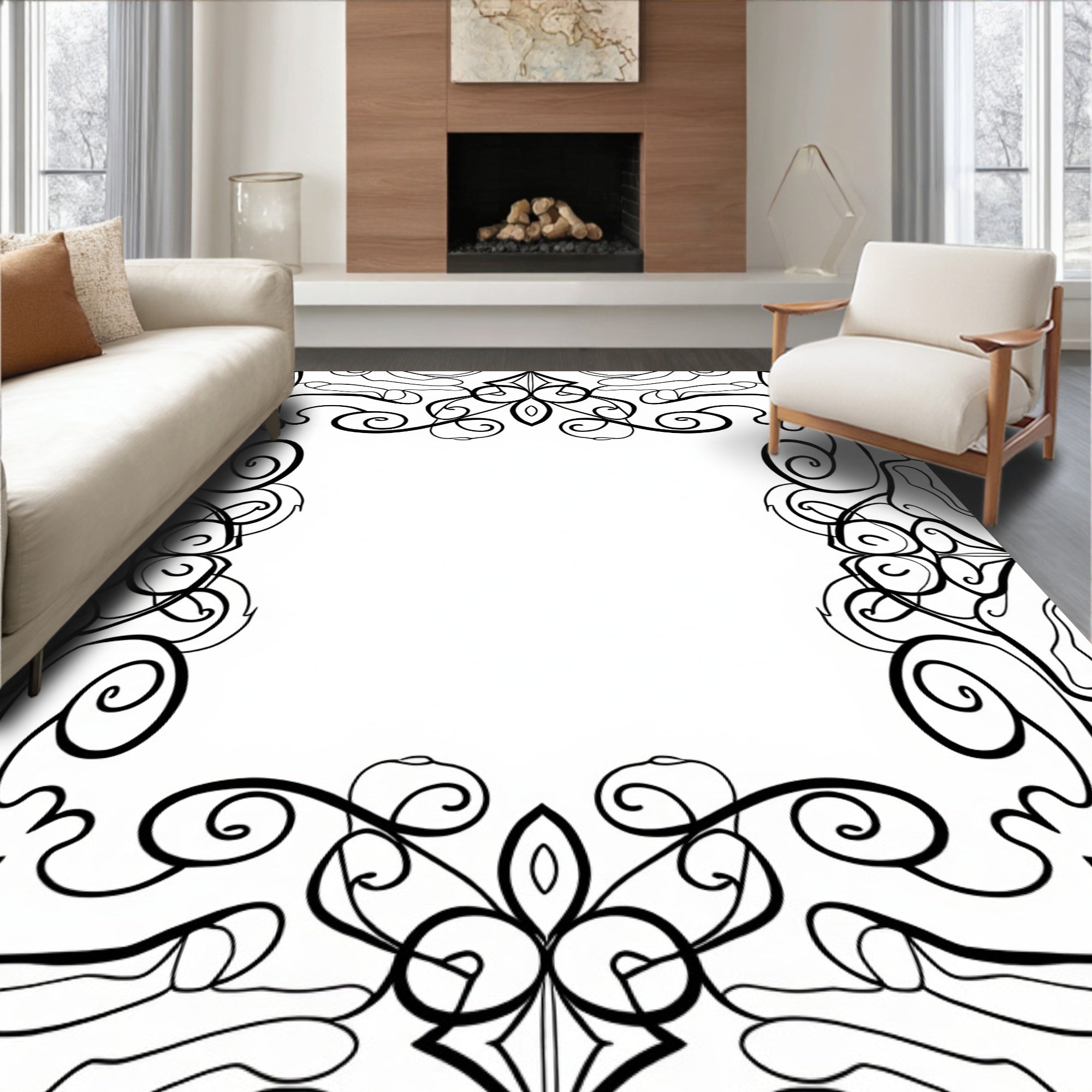 Ornate Scrollwork Floral Frame Design Rug