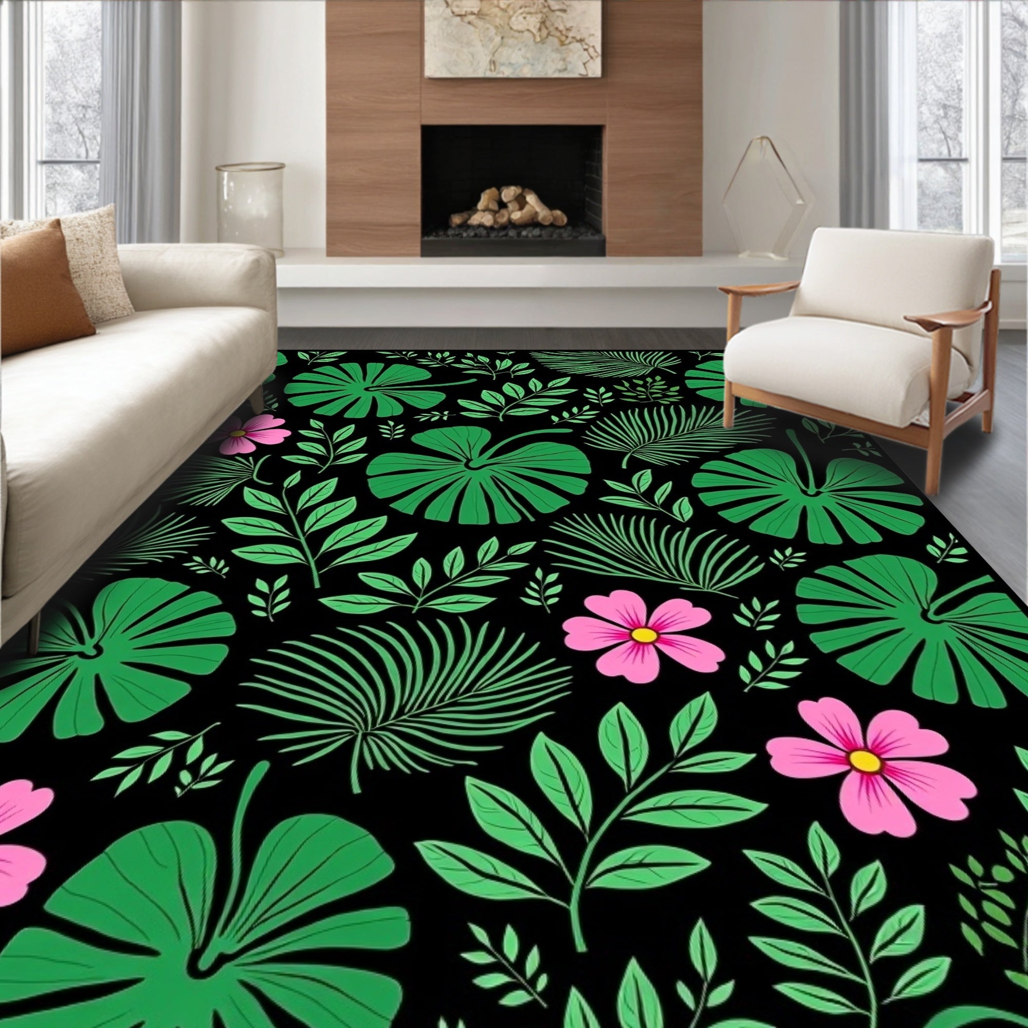 Vibrant Tropical Leaves and Flowers Rug