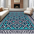 Intricate Teal White Floral Pattern Rug