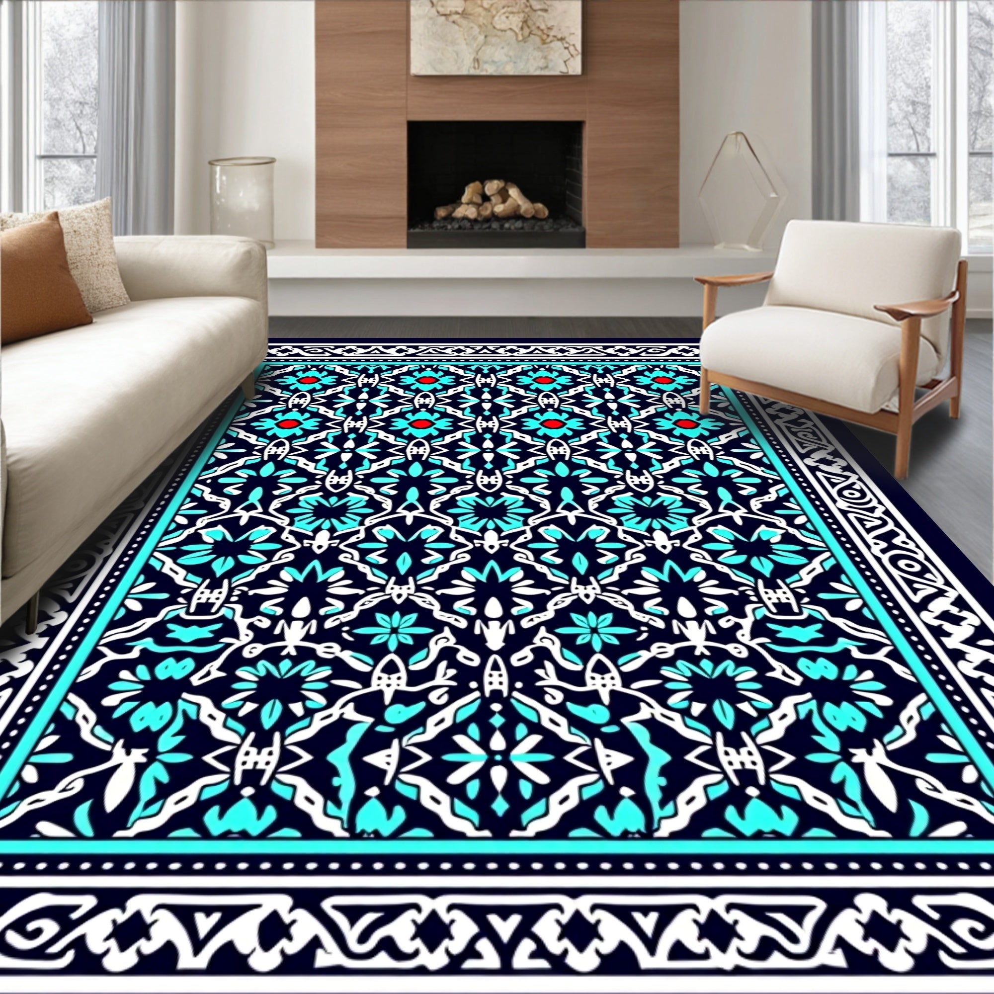Intricate Teal White Floral Pattern Rug
