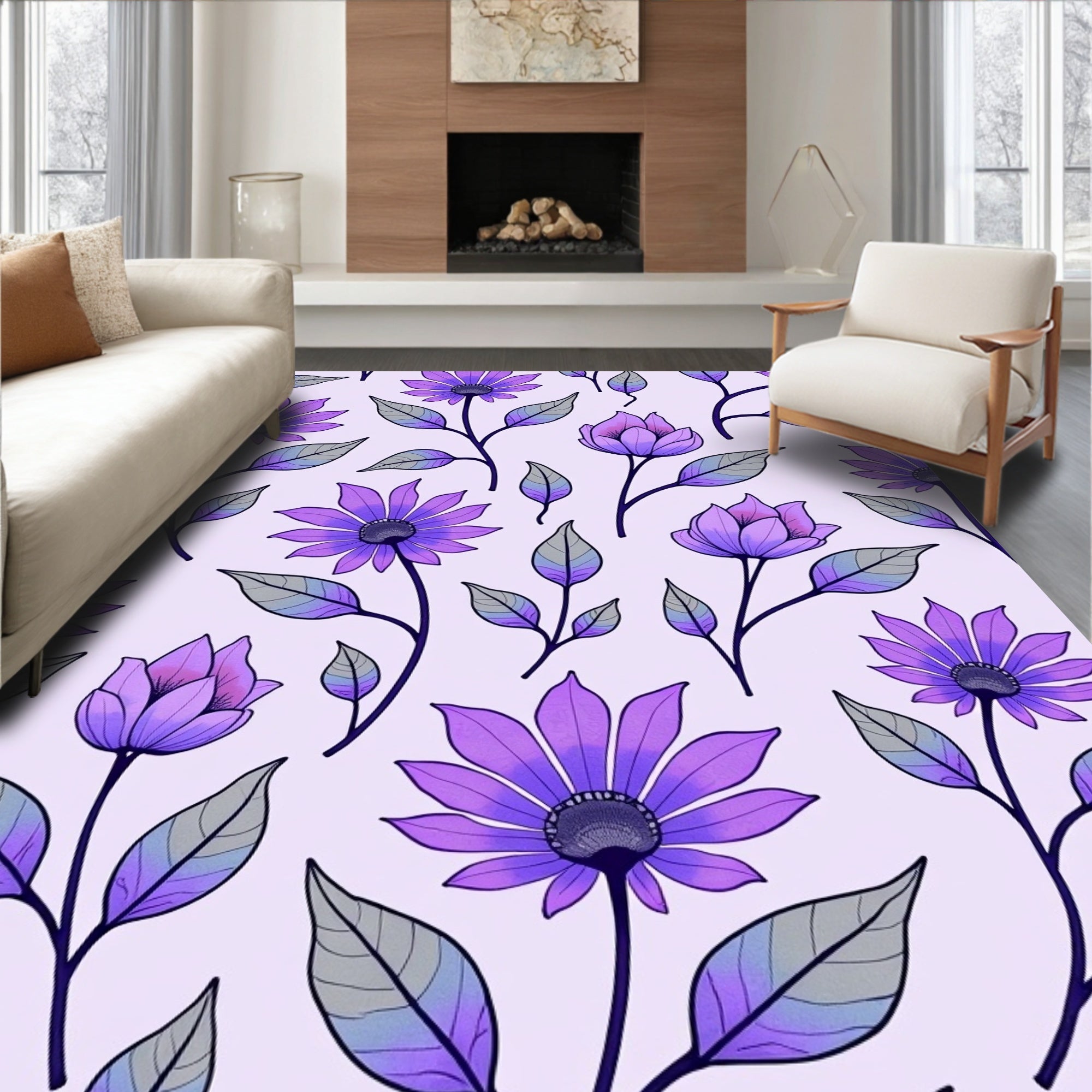 Purple Floral Pattern with Outline Rug