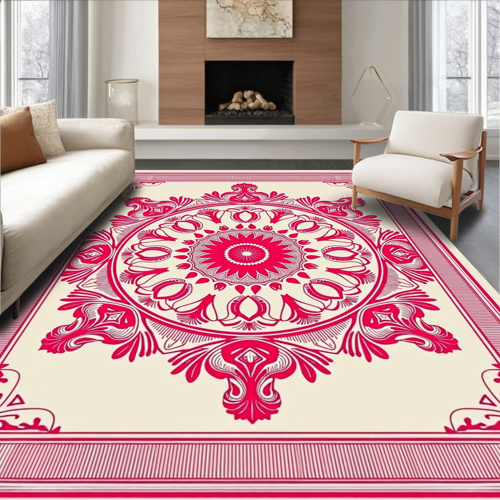 Intricate Red Mandala Floral Design Rug