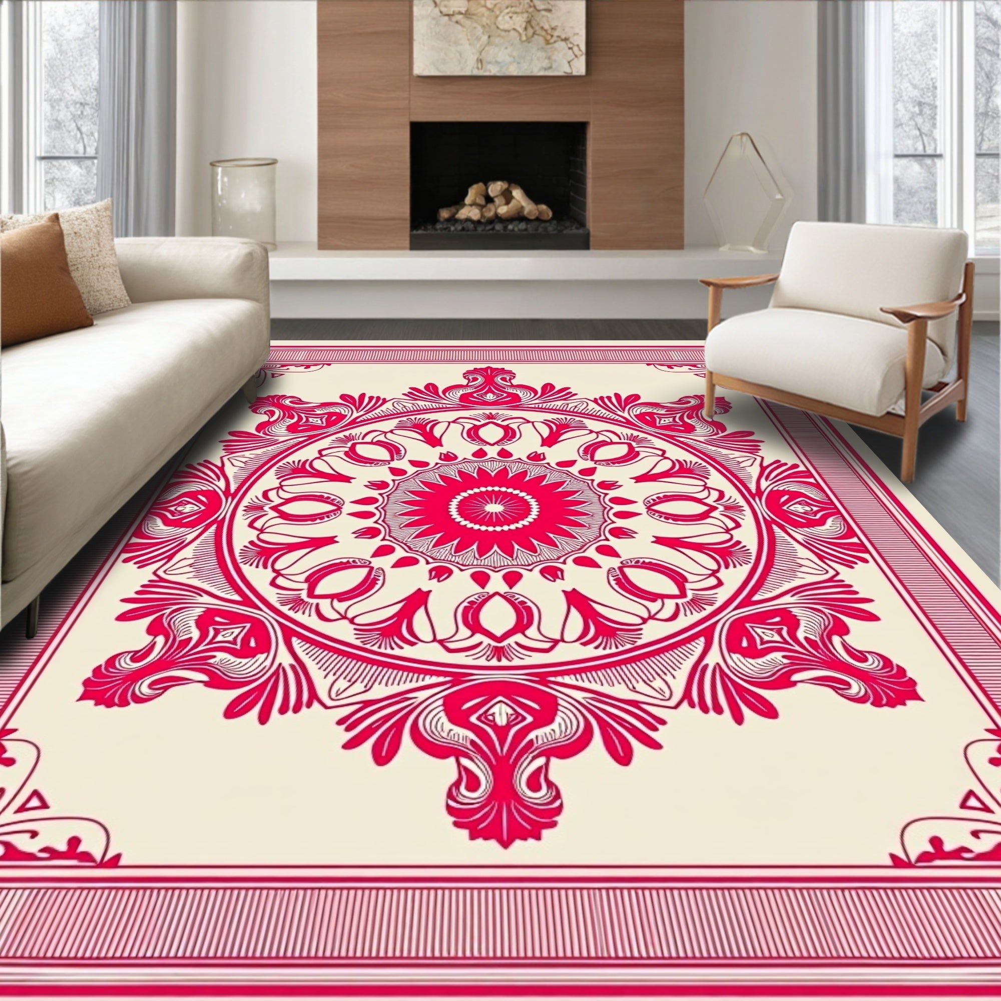 Intricate Red Mandala Floral Design Rug
