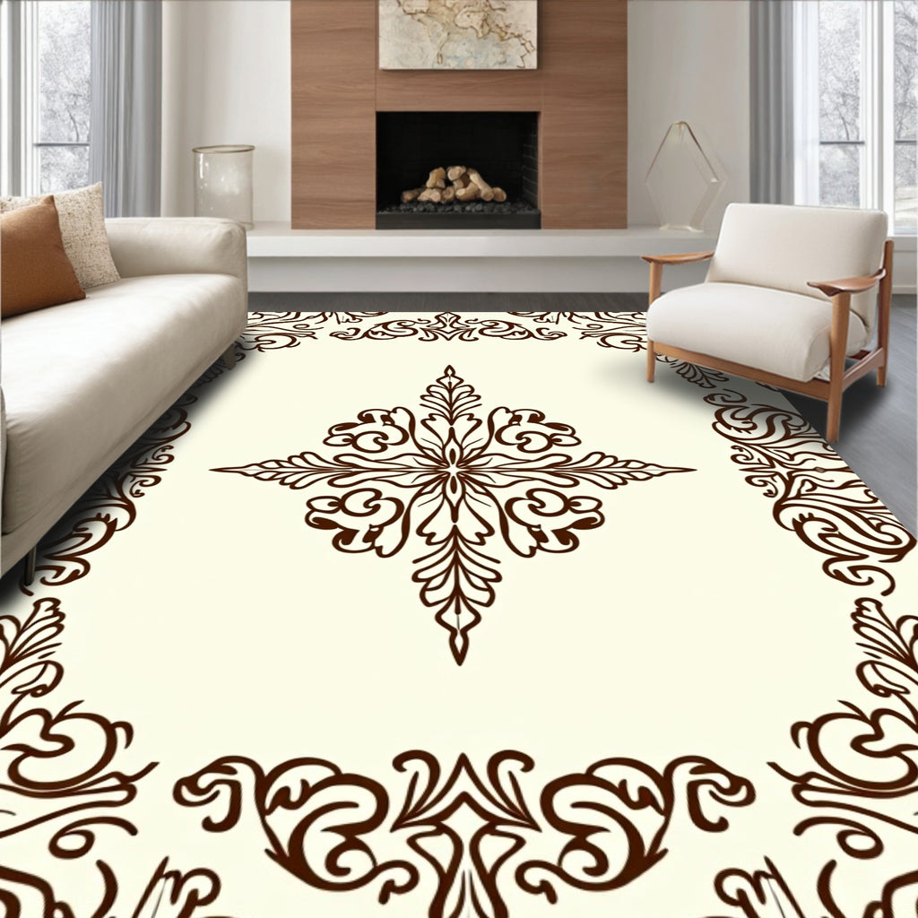 Elegant Brown Floral Flourish Pattern Rug