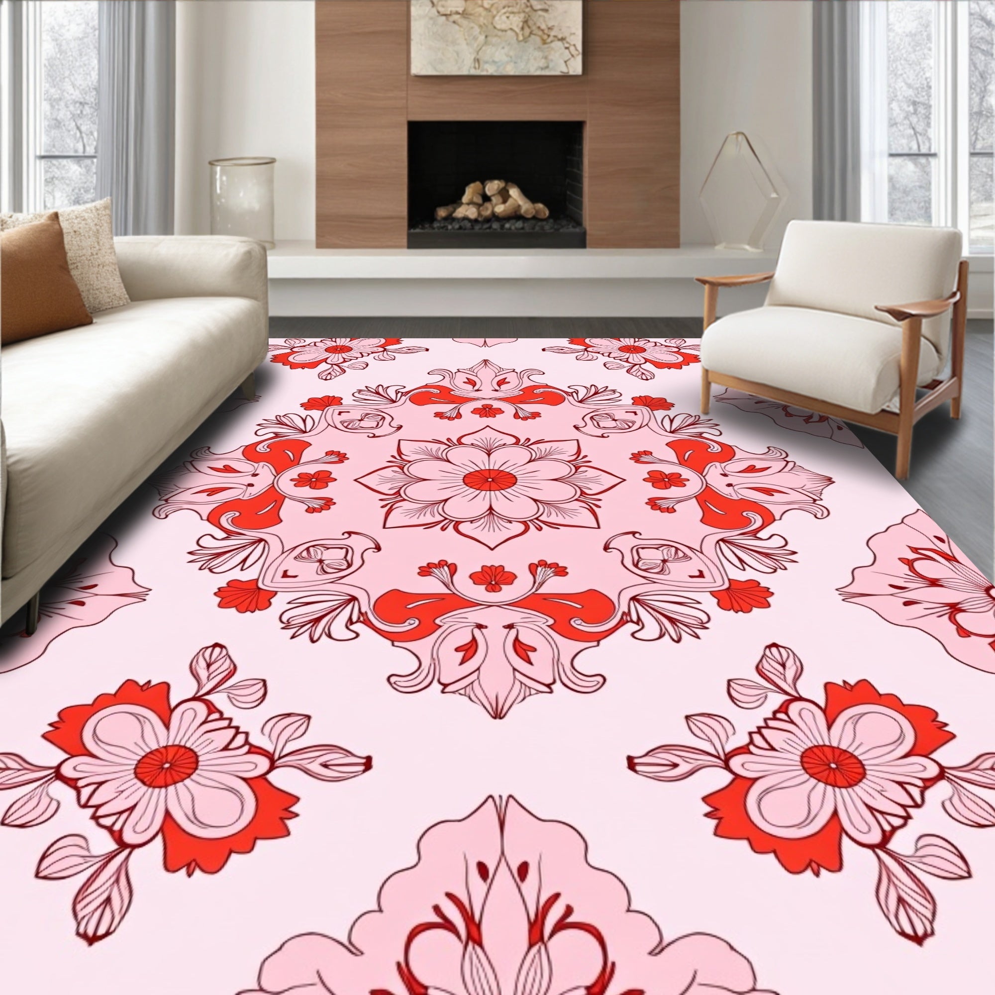 Ornate Floral Medallion Coral Design Rug