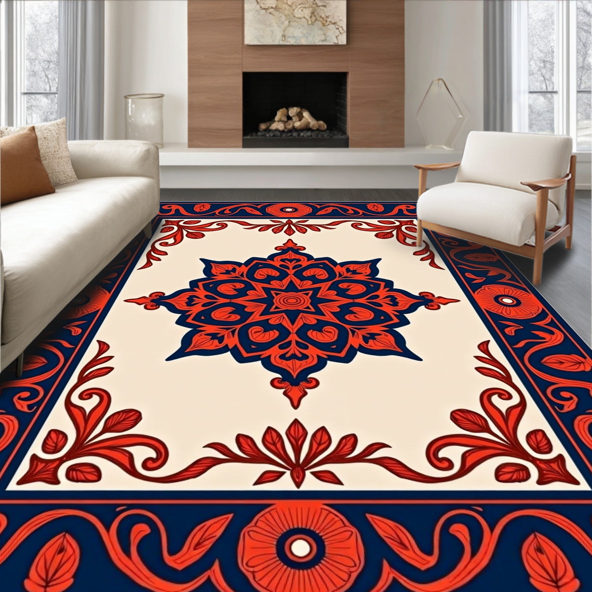 Ornate Red Flower And Swirl Pattern Rug