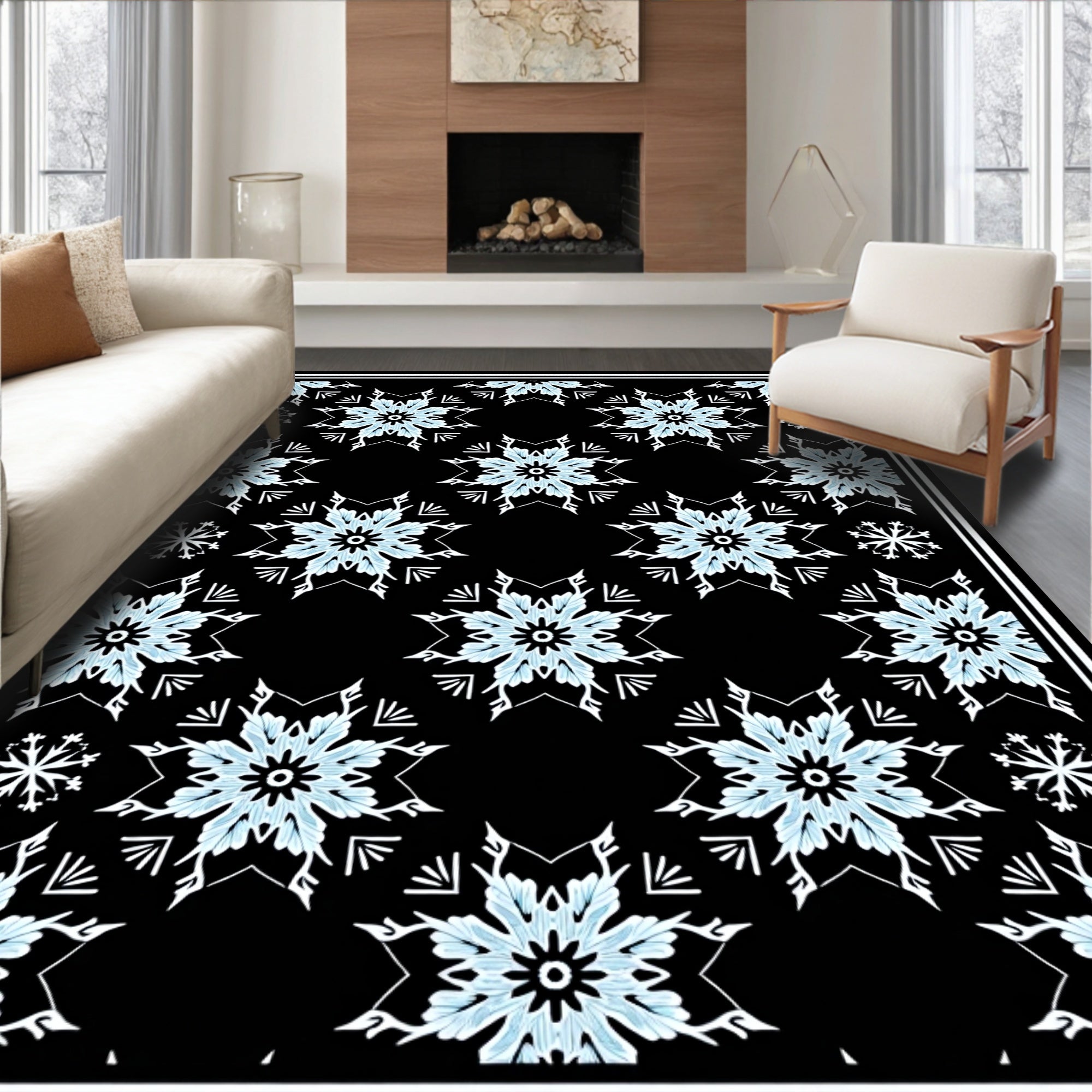 Arctic Blue Snowflake Medallion Black Rug