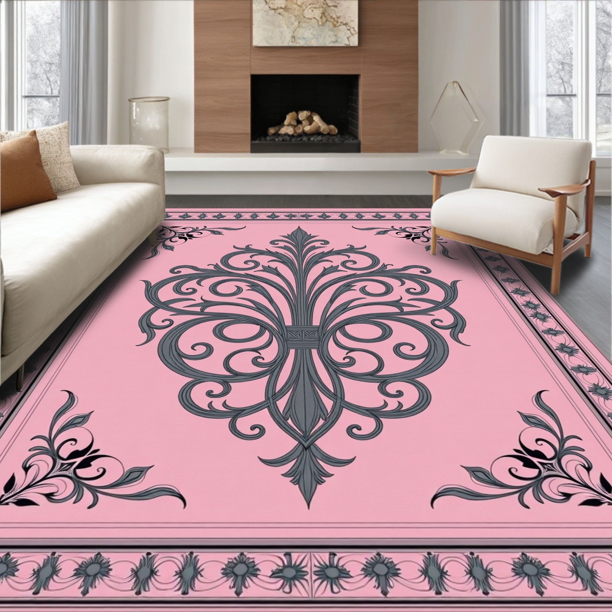 Ornate Grey Pink Flourish Design Rug