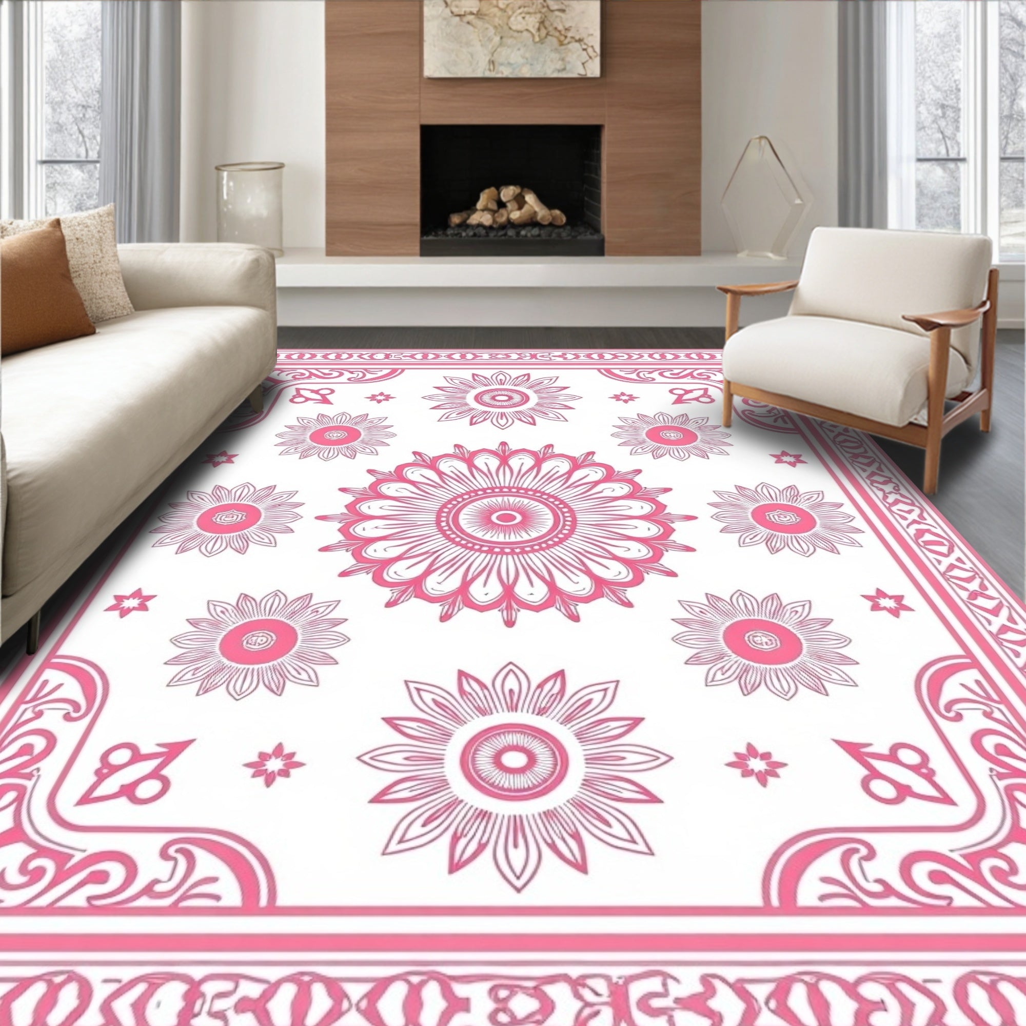 Pink Floral Mandala Pattern Rug