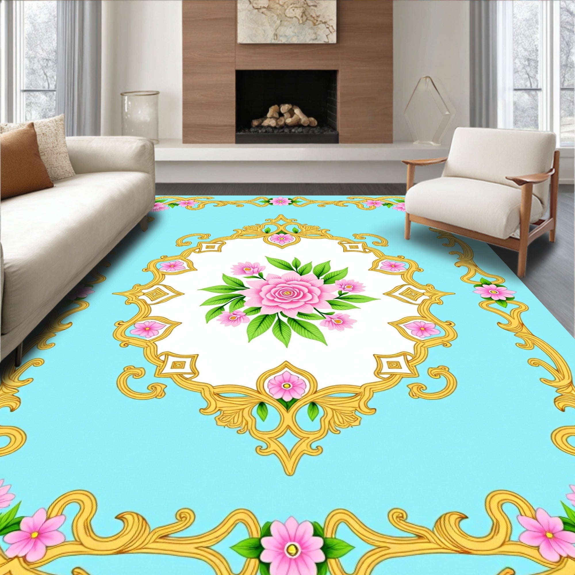 Ornate Floral Scrollwork Sky Pattern Rug