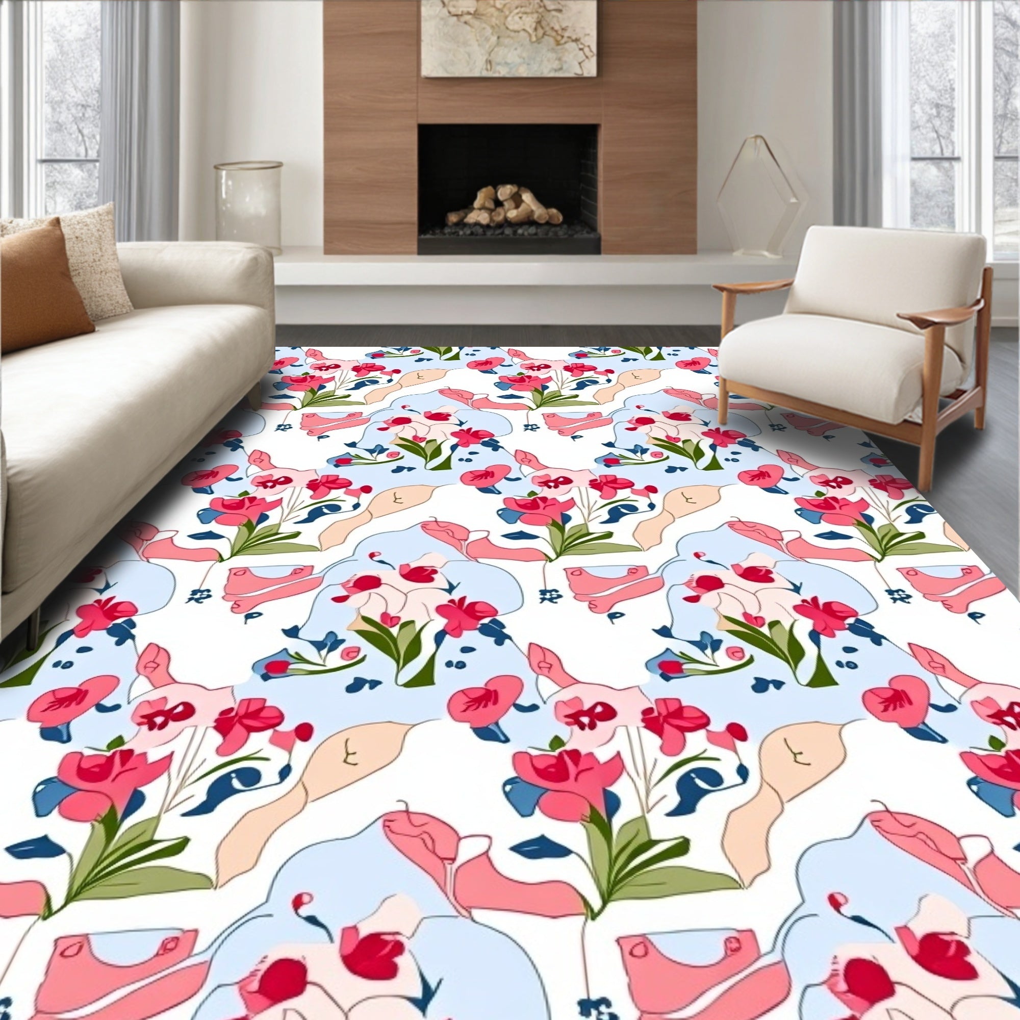 Whimsical Red Floral Abstract Pattern Rug