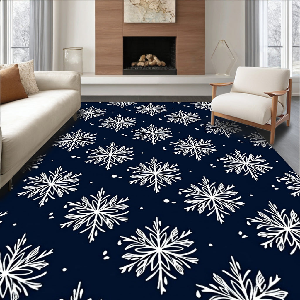 White Snowflake Stars Navy Rug