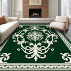 Elegant Cream Scrollwork on Deep Green Rug