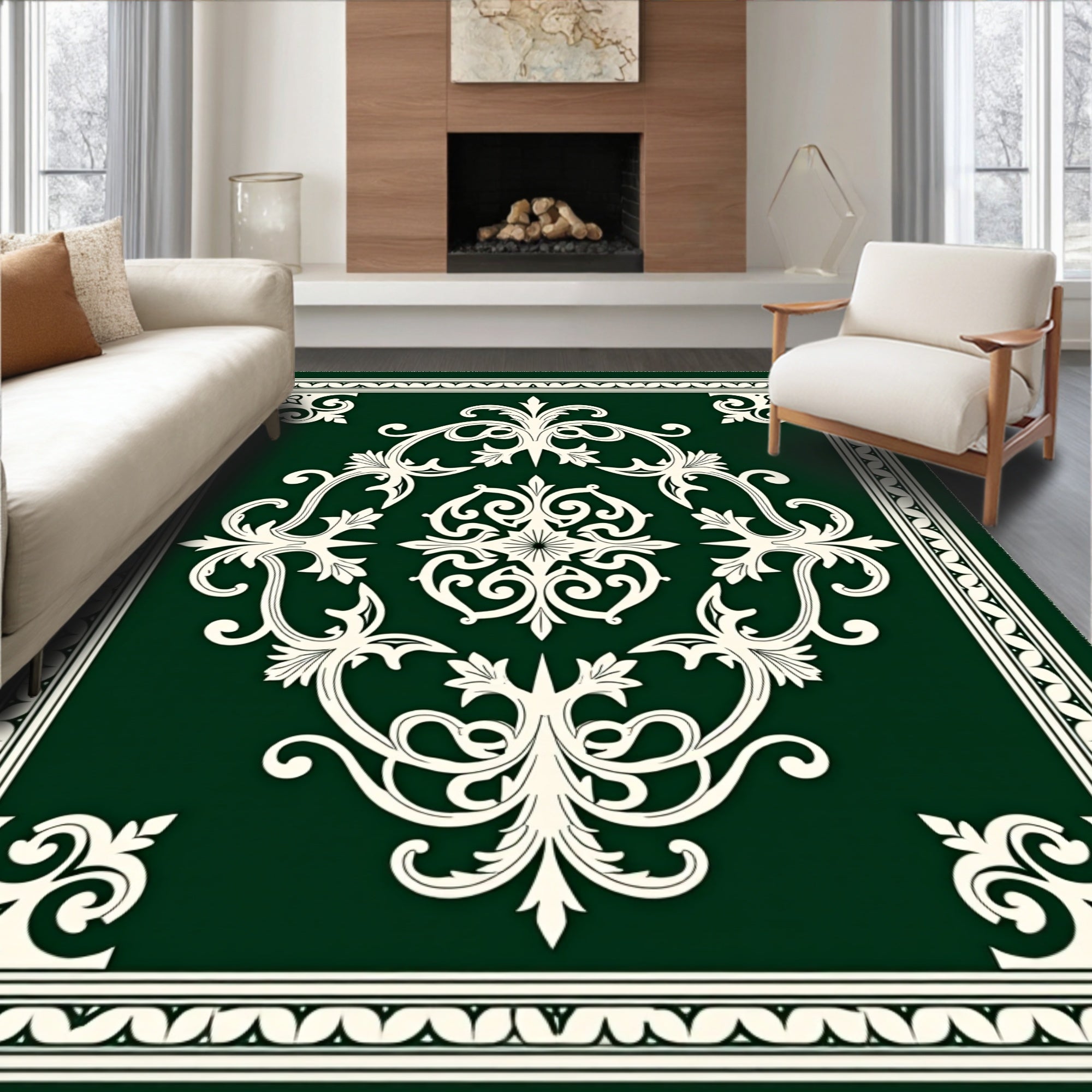 Elegant Cream Scrollwork on Deep Green Rug