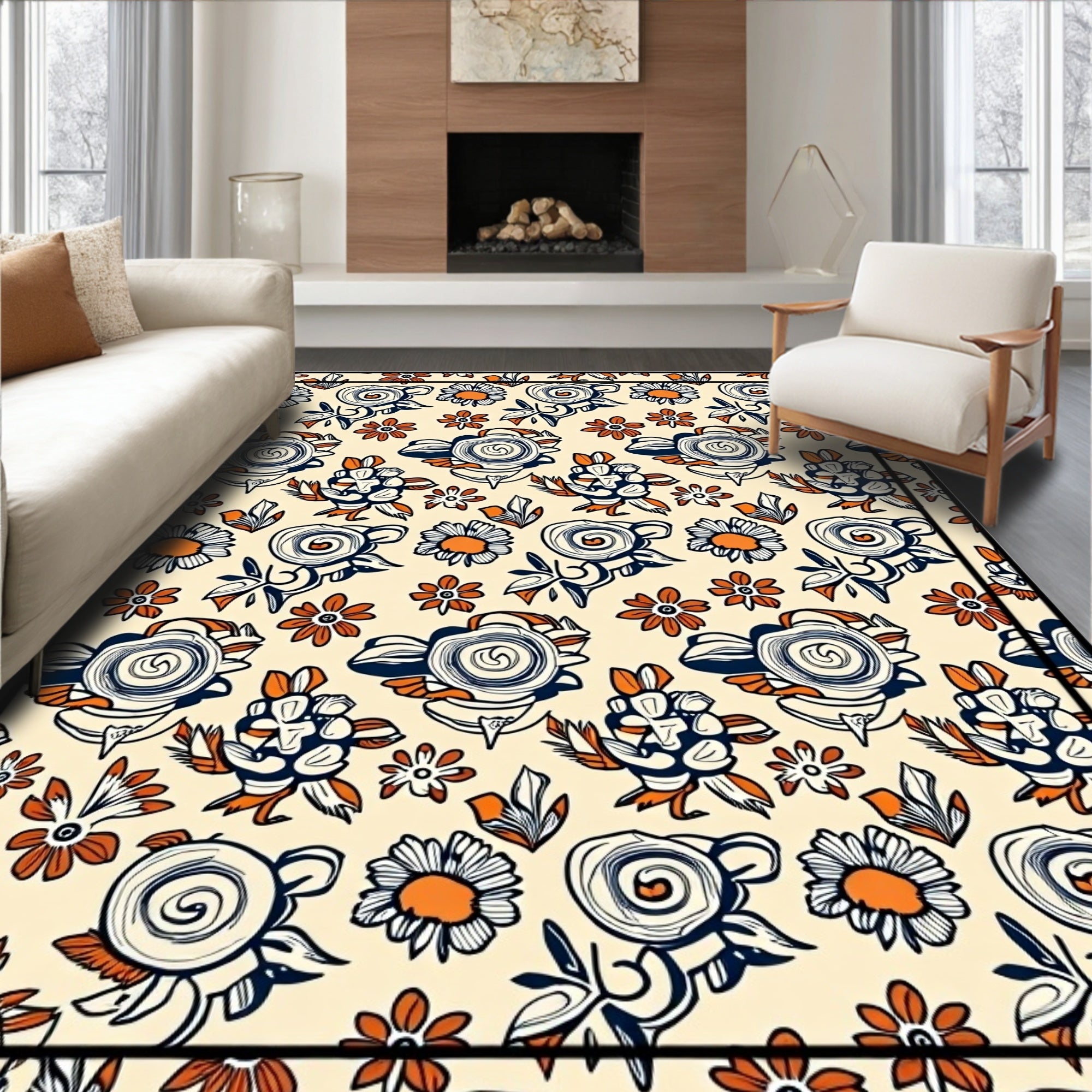 Mid Century Floral Swirl Pattern Rug