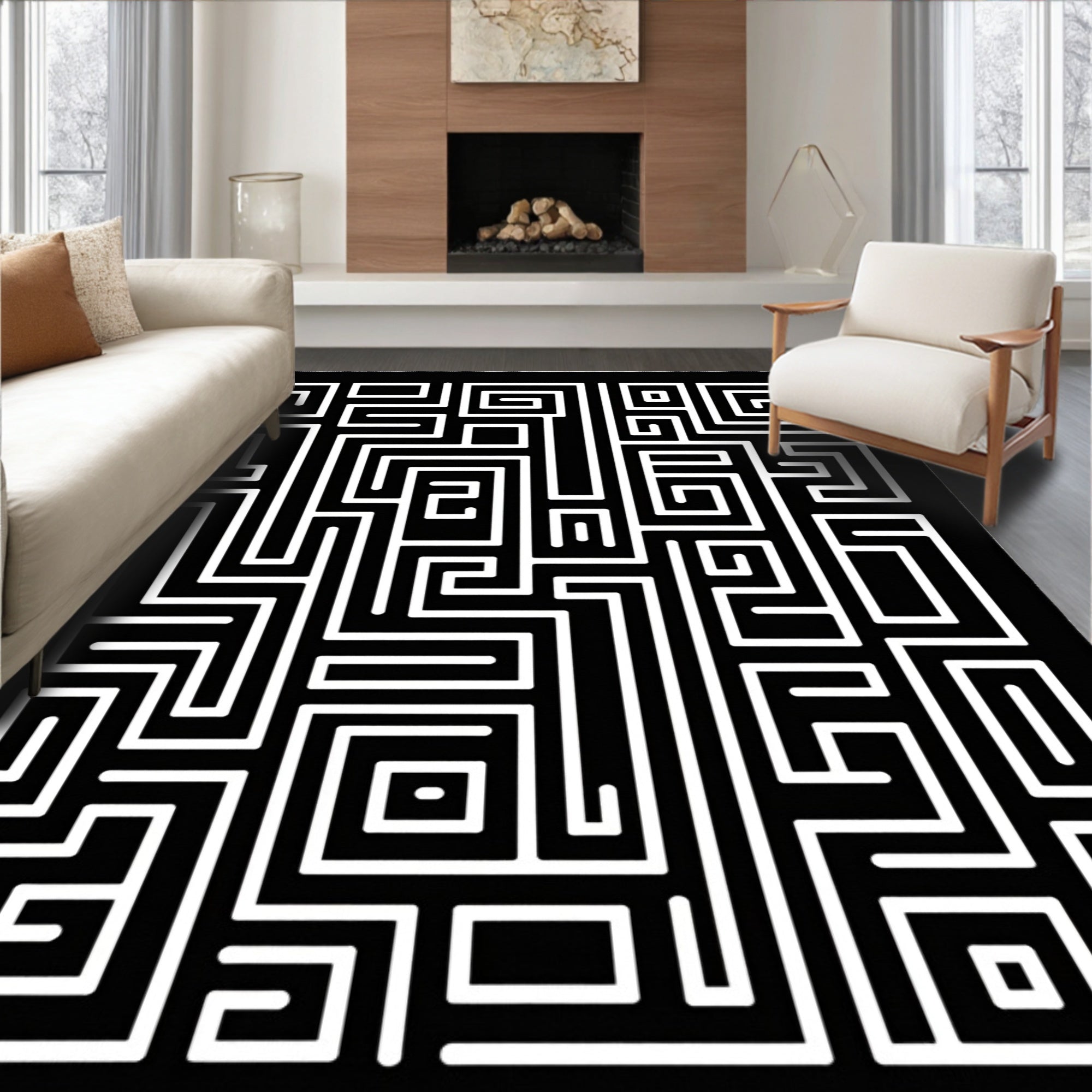 Bold Black White Maze Pattern Rug