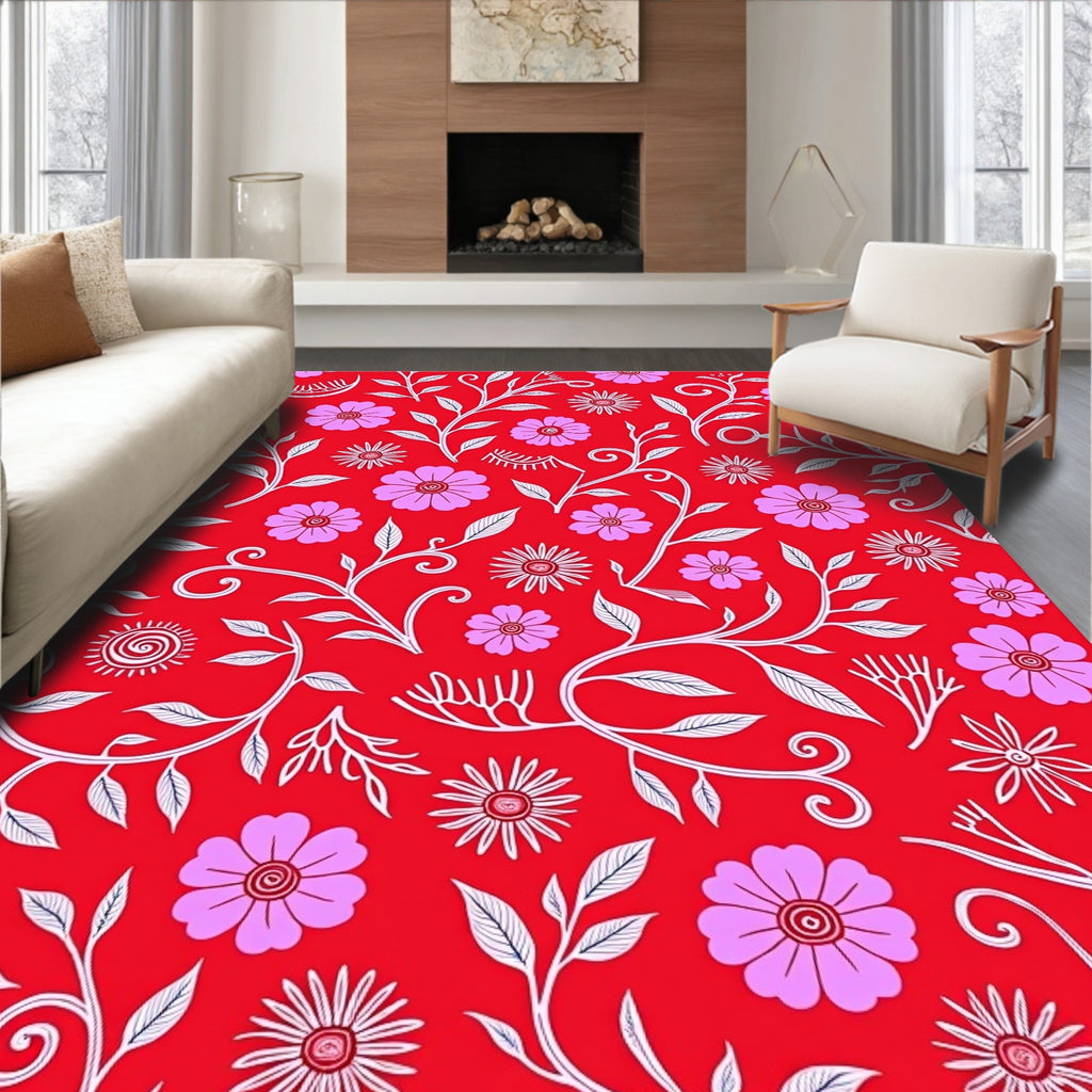 Floral Vine Pattern Red Pink White Rug