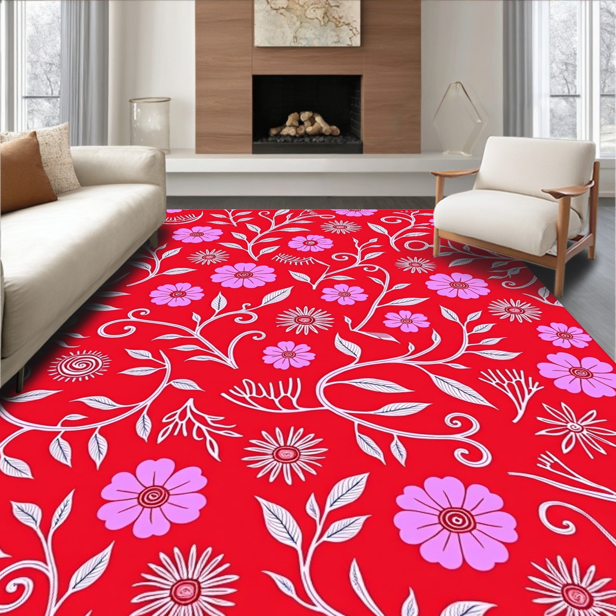 Floral Vine Pattern Red Pink White Rug