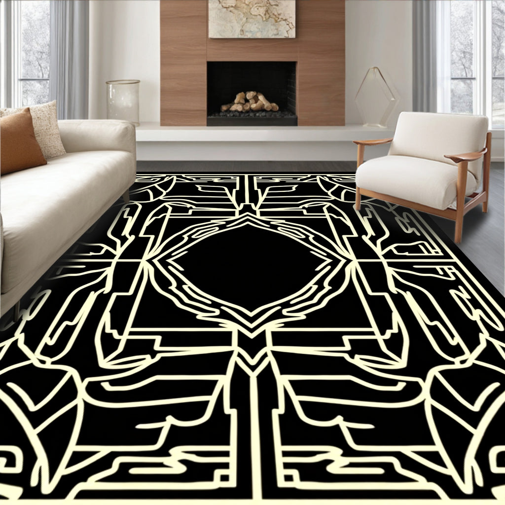 Black and Beige Geometric Outline Pattern Rug
