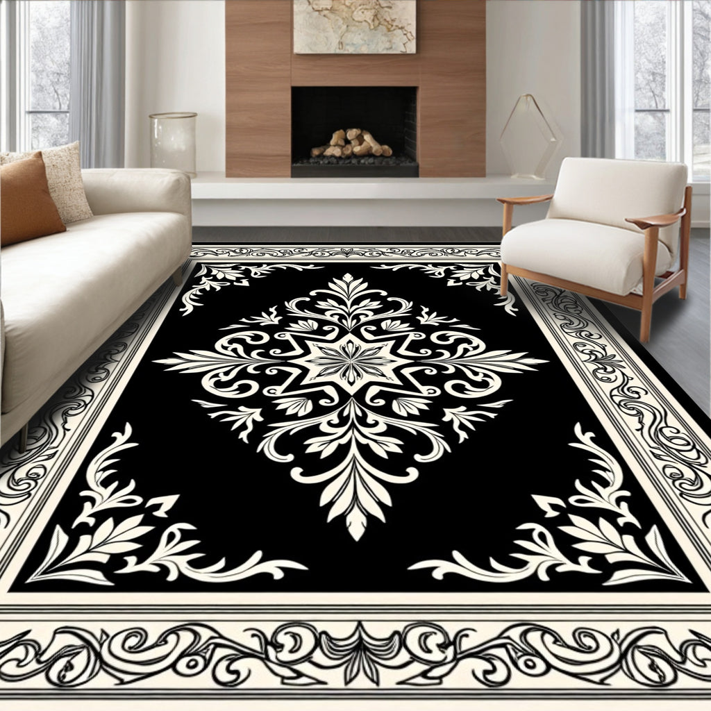 Classic Black White Floral Medallion Design Rug